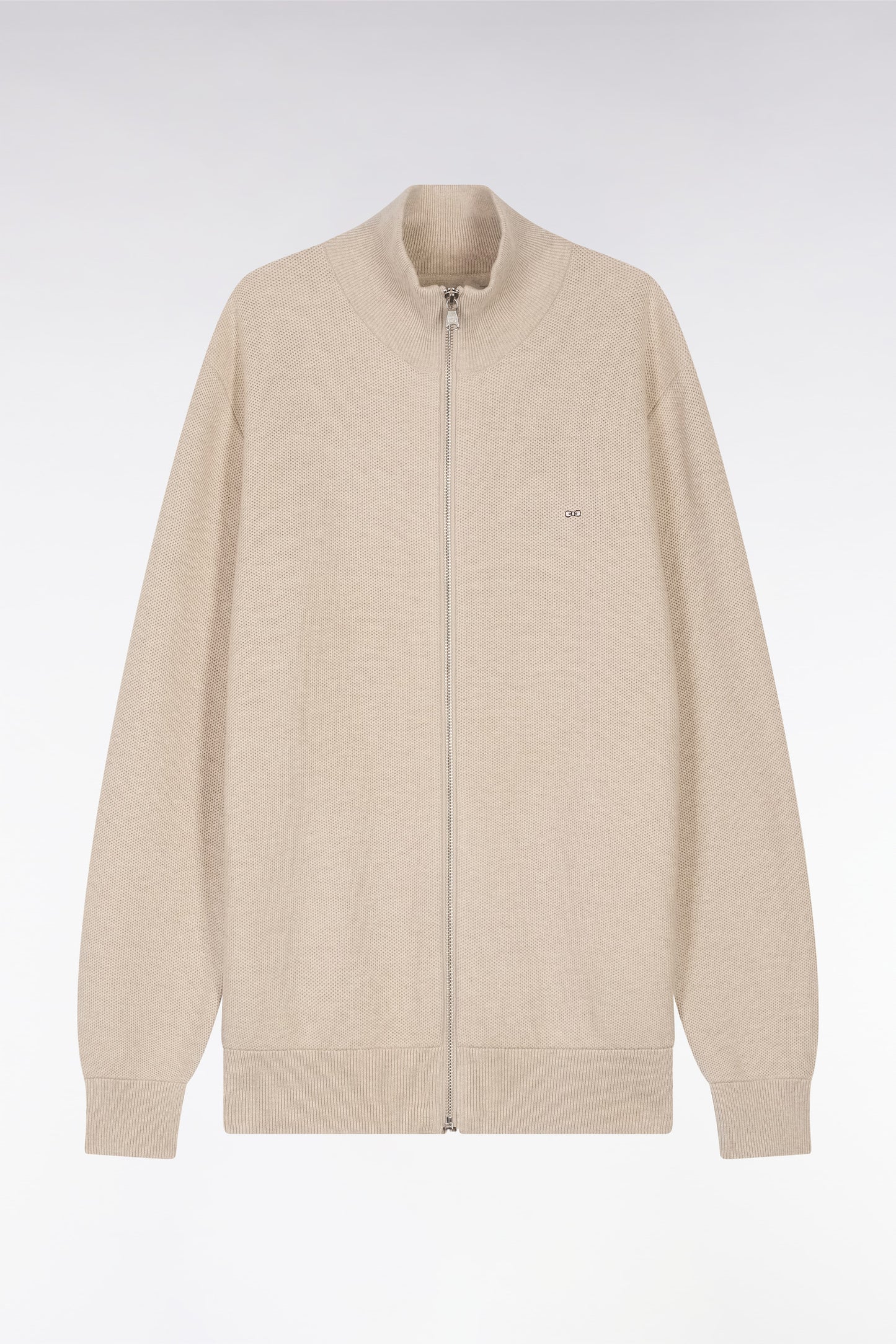 Straight-fit zipped beige honeycomb cotton cardigan