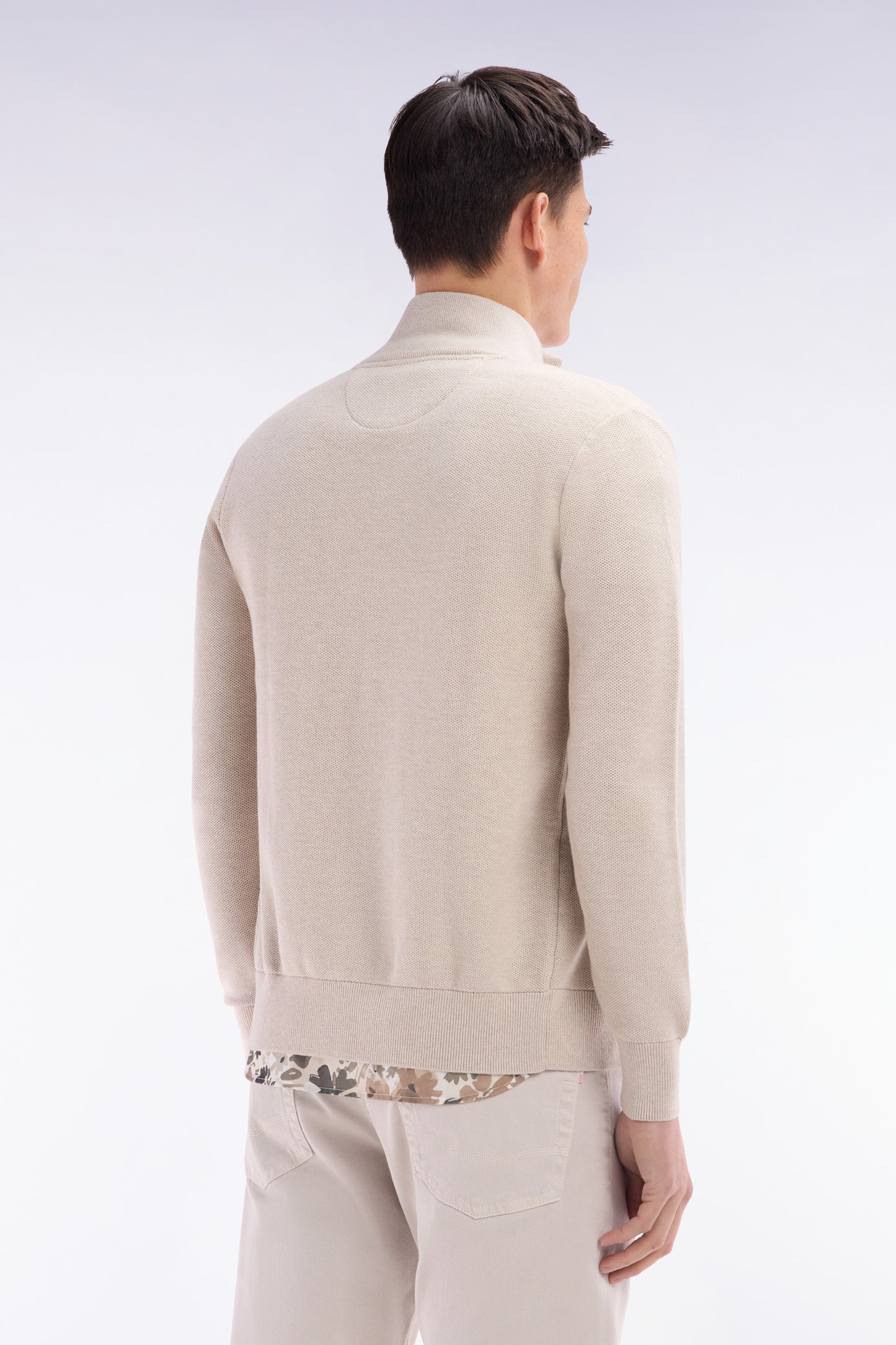 Straight-fit zipped beige honeycomb cotton cardigan