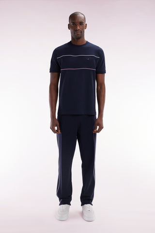 Straight-cut navy stretch cotton fleece jogging pants with sky blue piping