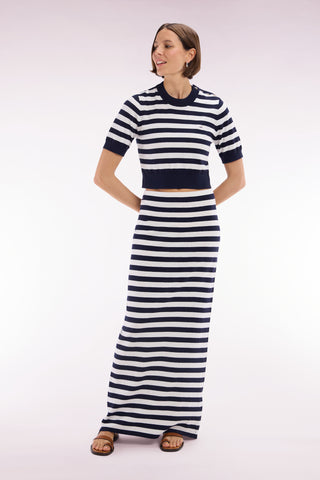 Relaxed-fit striped organic cotton and cashmere navy tube skirt