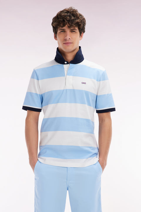 Maillot à manches courtes en coton Pima cerclé ciel et blanc coupe droite - Image 1