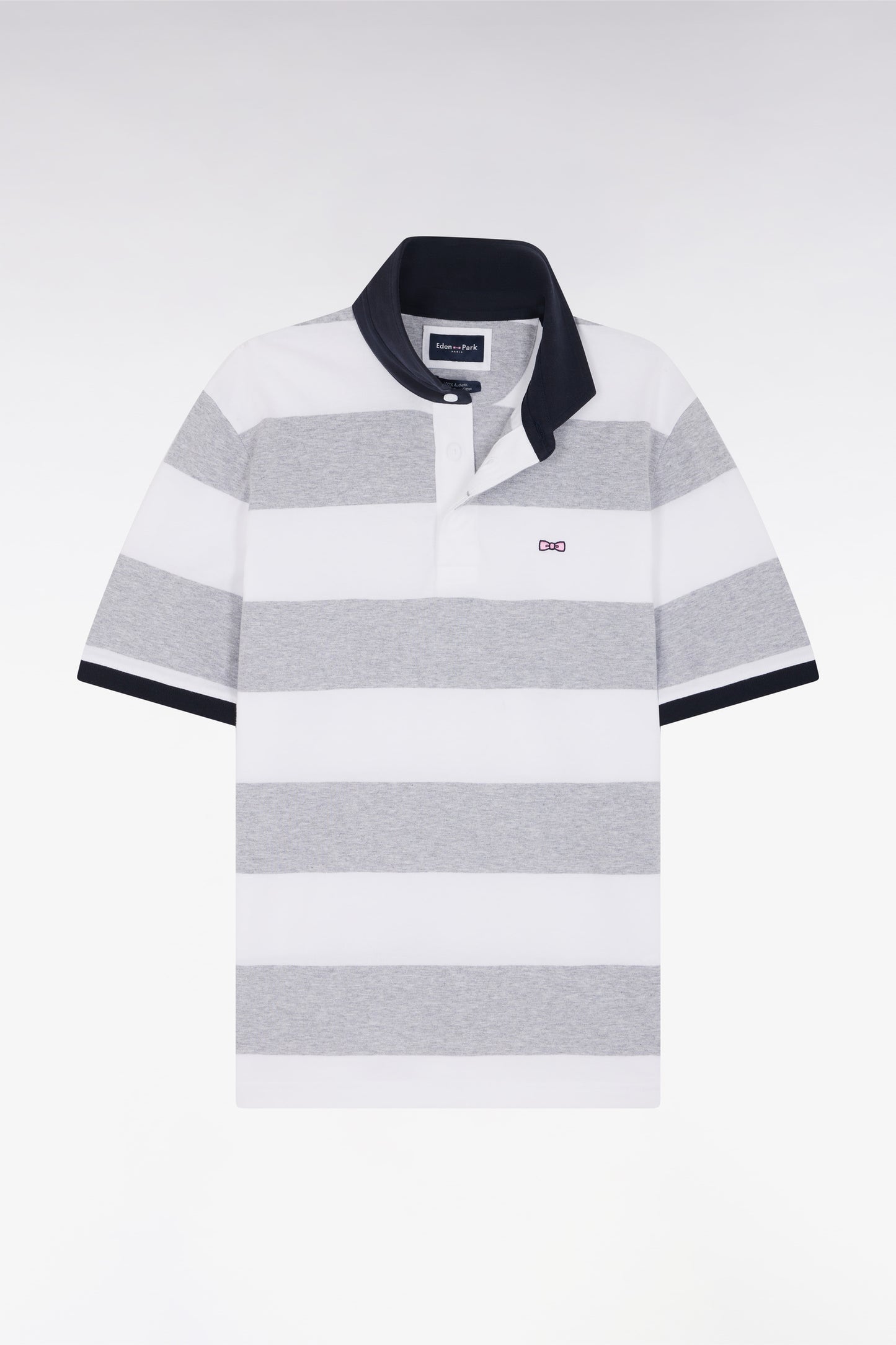 Short-sleeved jersey in grey and white ringed Pima cotton, straight cut
