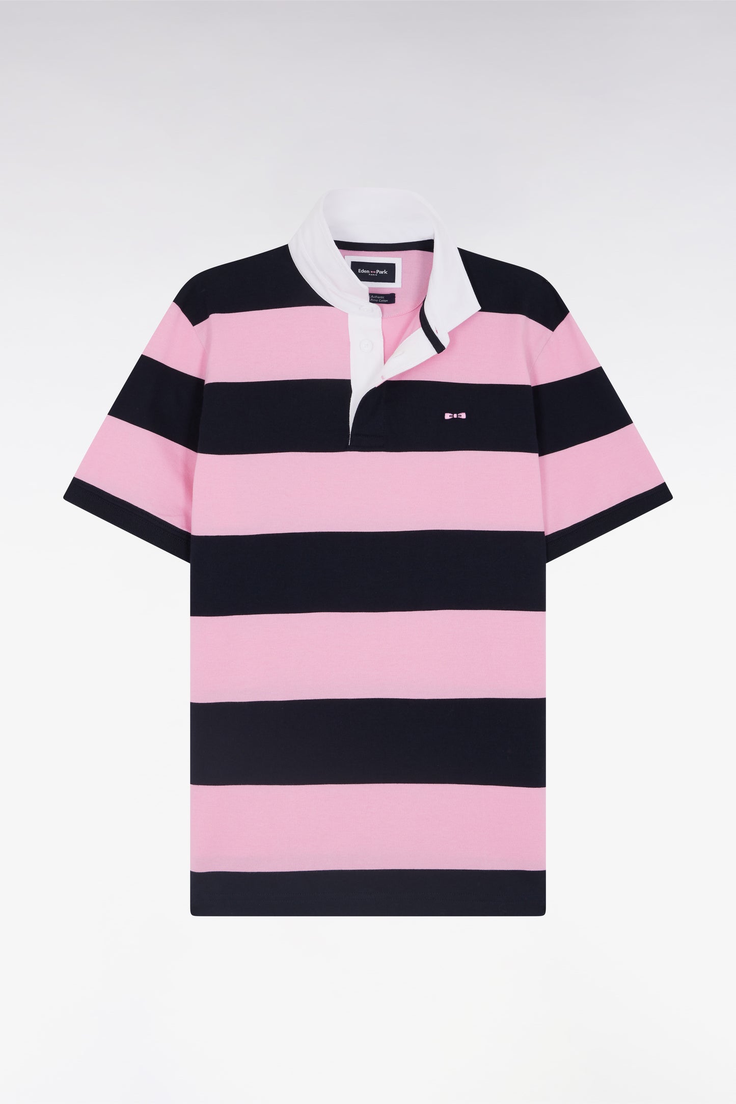 Straight short-sleeved rugby shirt in pink and navy striped Pima cotton