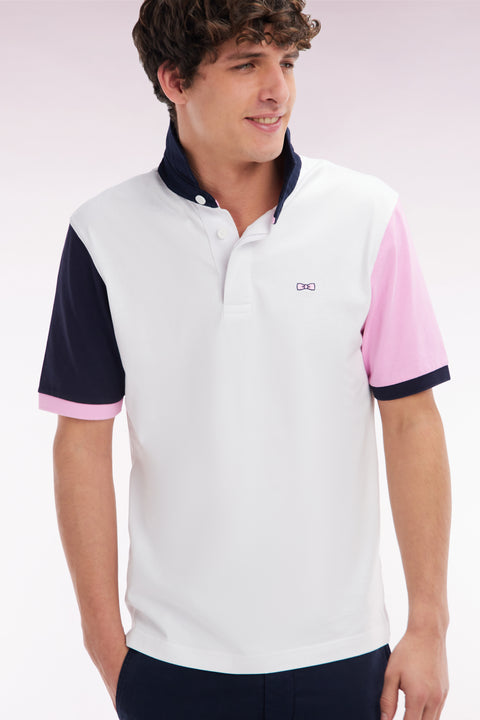 Short-sleeved rugby shirt in white cotton jersey with two-tone sleeves - Image 3