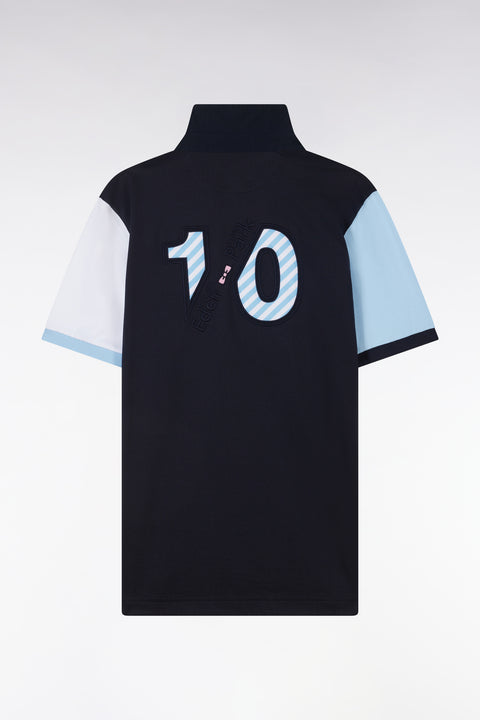 Short-sleeved rugby shirt in navy cotton jersey with two-tone sleeves - Image 2