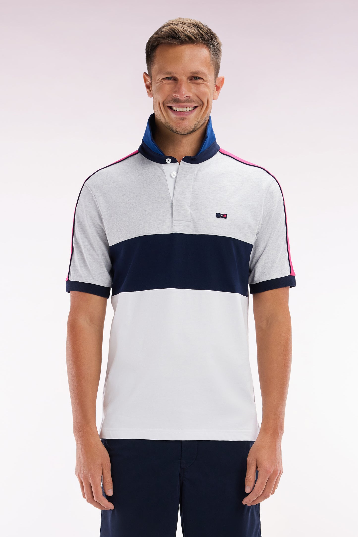 Straight cut and sew short-sleeved rugby jersey in white cotton