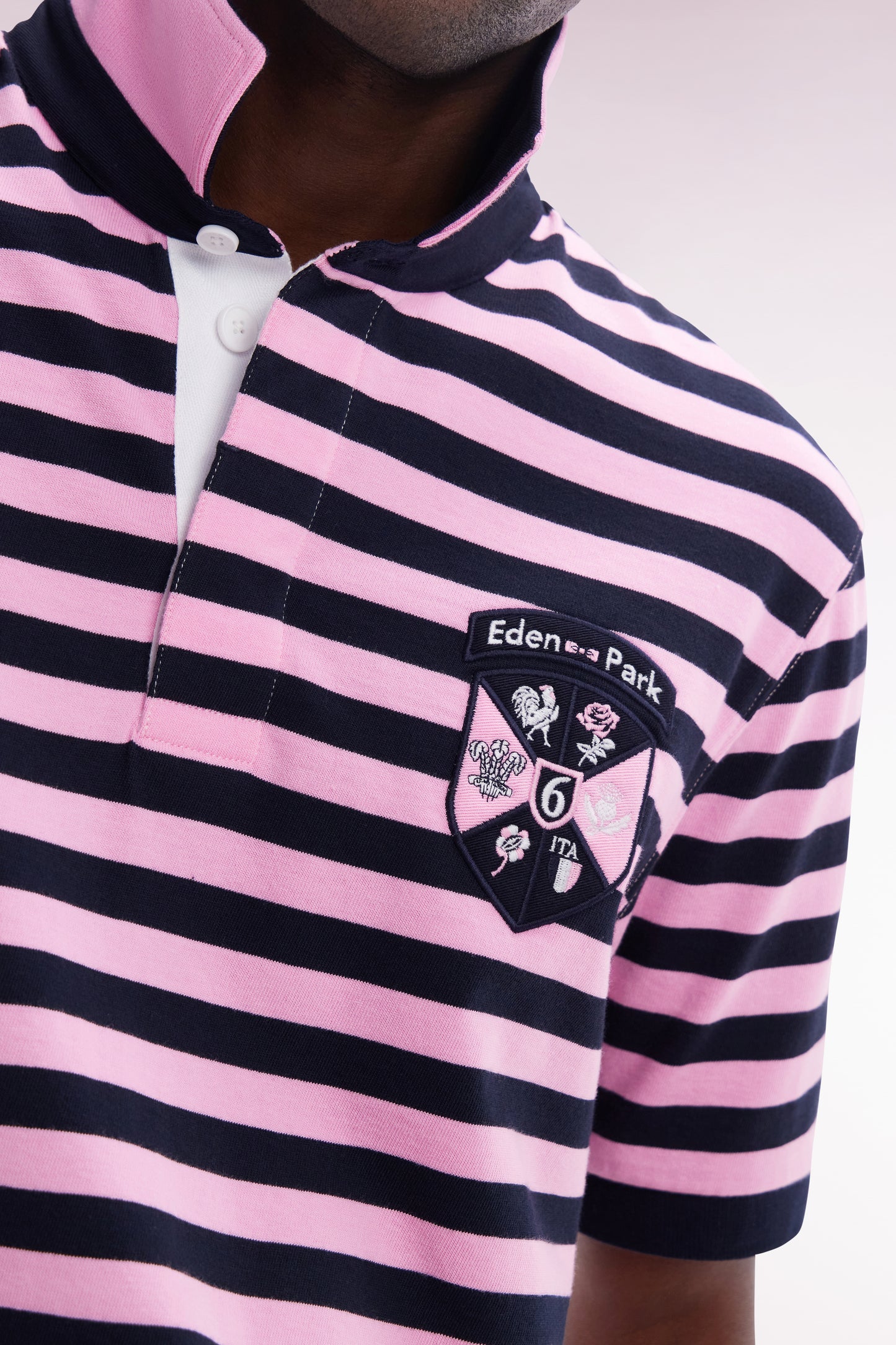 6 Nations straight-fit navy and pink striped short-sleeved rugby shirt