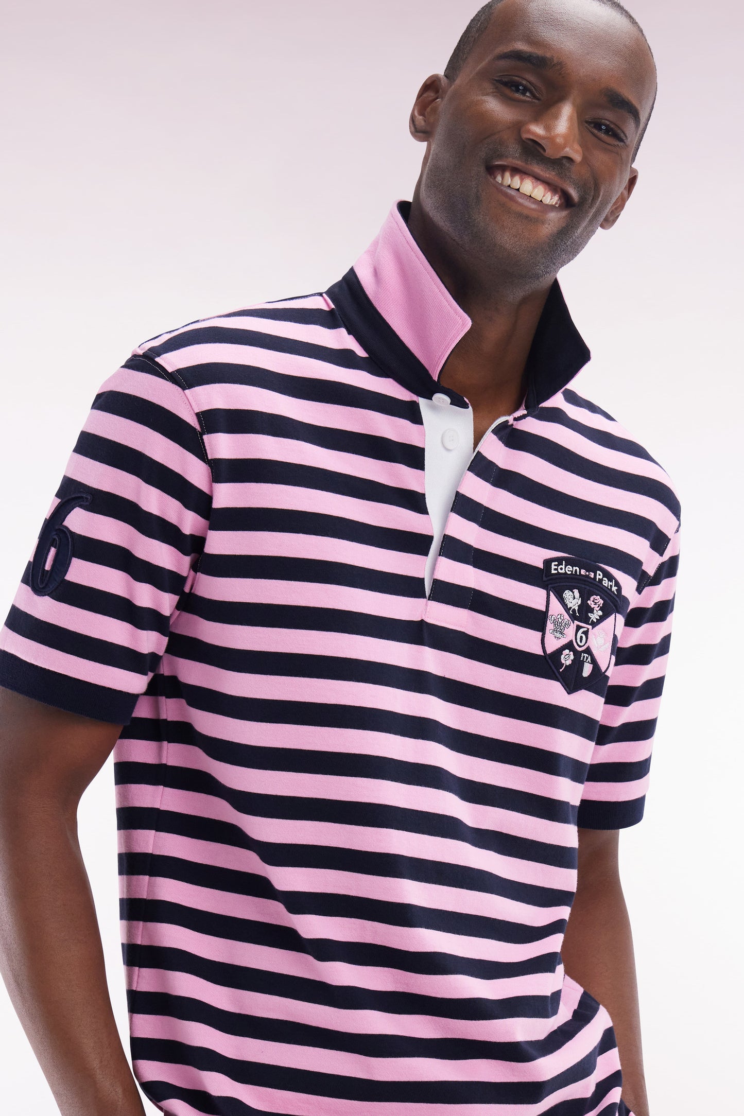 6 Nations straight-fit navy and pink striped short-sleeved rugby shirt