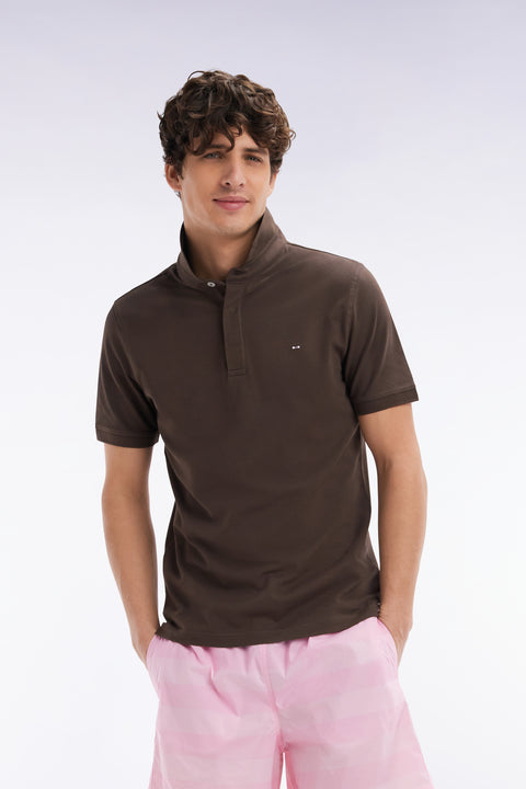 Polo à manches courtes en piqué coton stretch marron coupe ajustée - Image 3