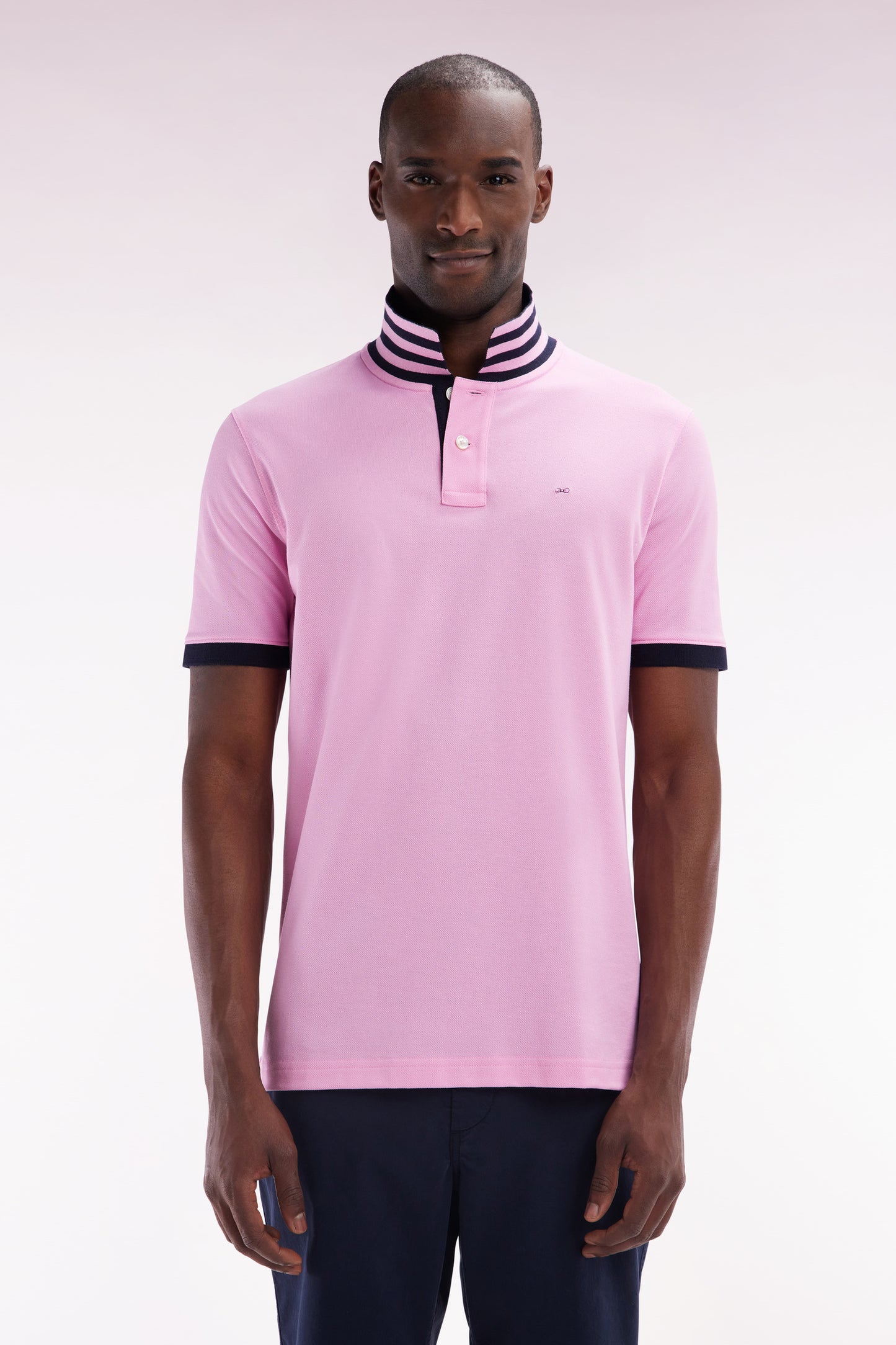 Straight-cut short-sleeved polo shirt in pink Pima cotton piqué with striped under collar