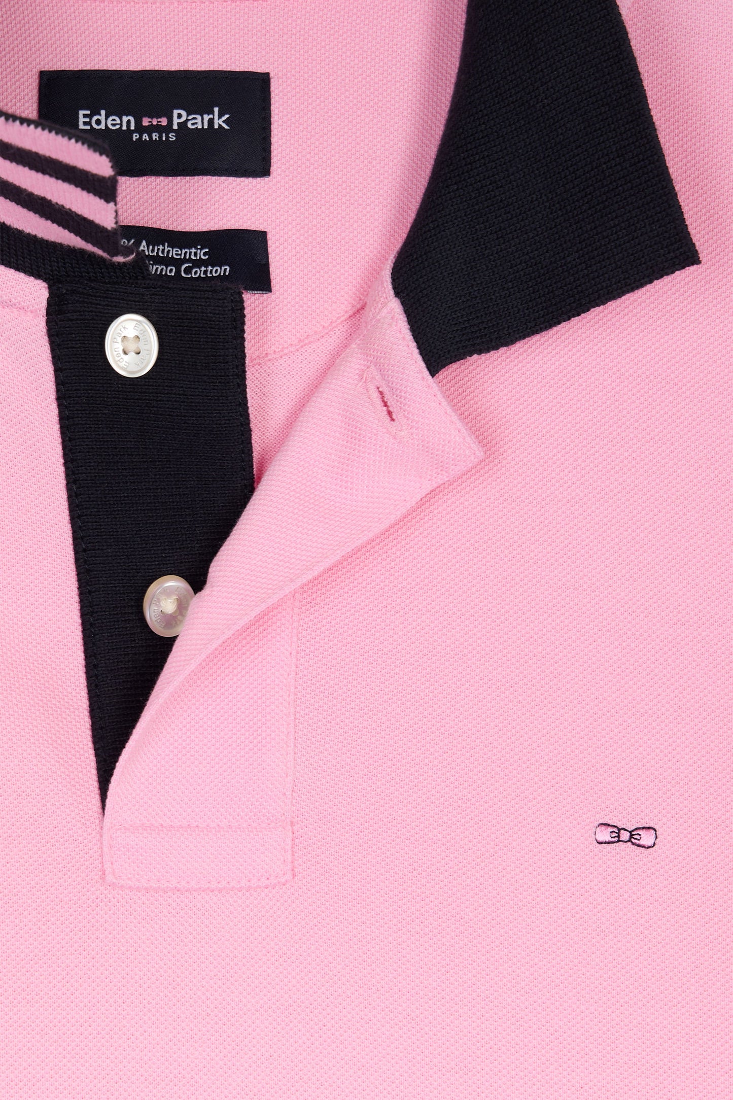 Straight-cut short-sleeved polo shirt in pink Pima cotton piqué with striped under collar