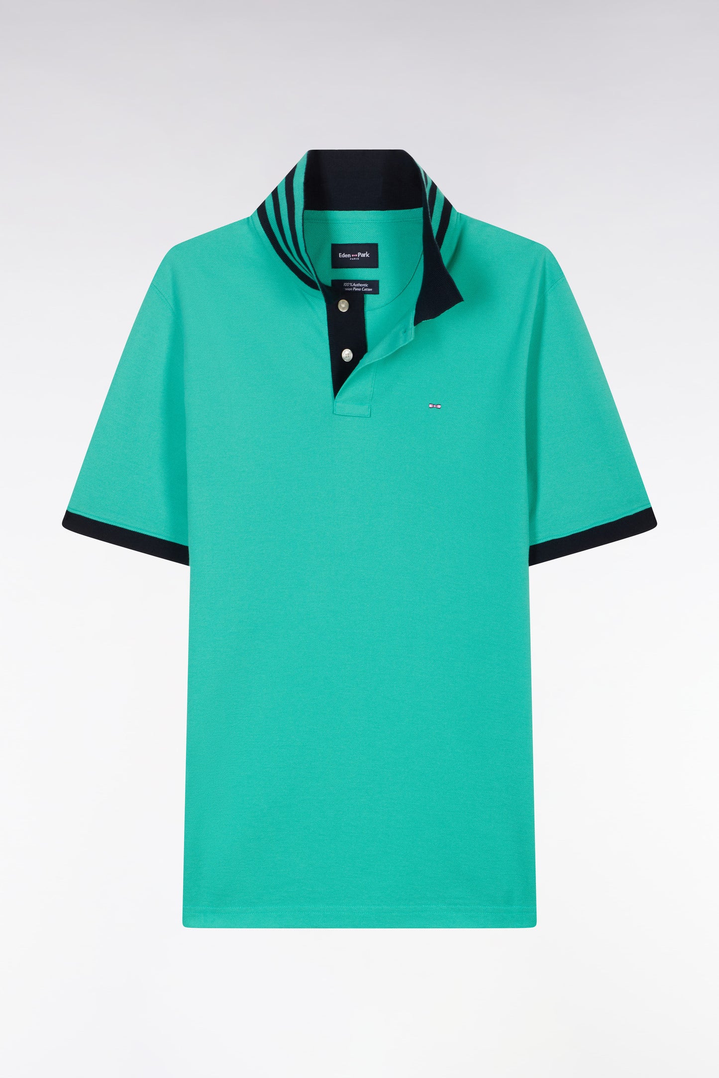 Straight-cut short-sleeved polo shirt in green Pima cotton piqué with striped under collar