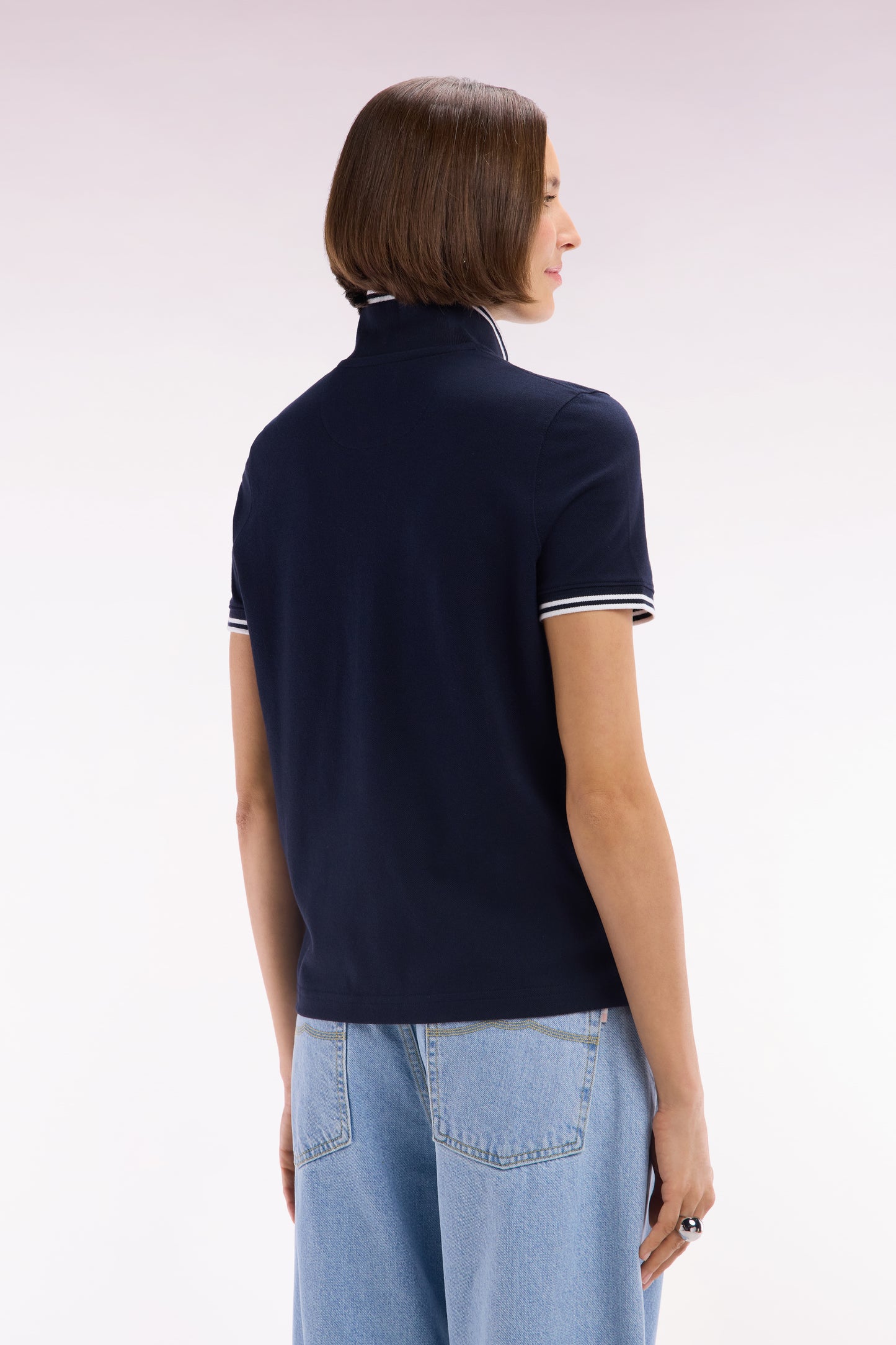 Short-sleeved polo shirt in navy Pima cotton piqué with striped accents