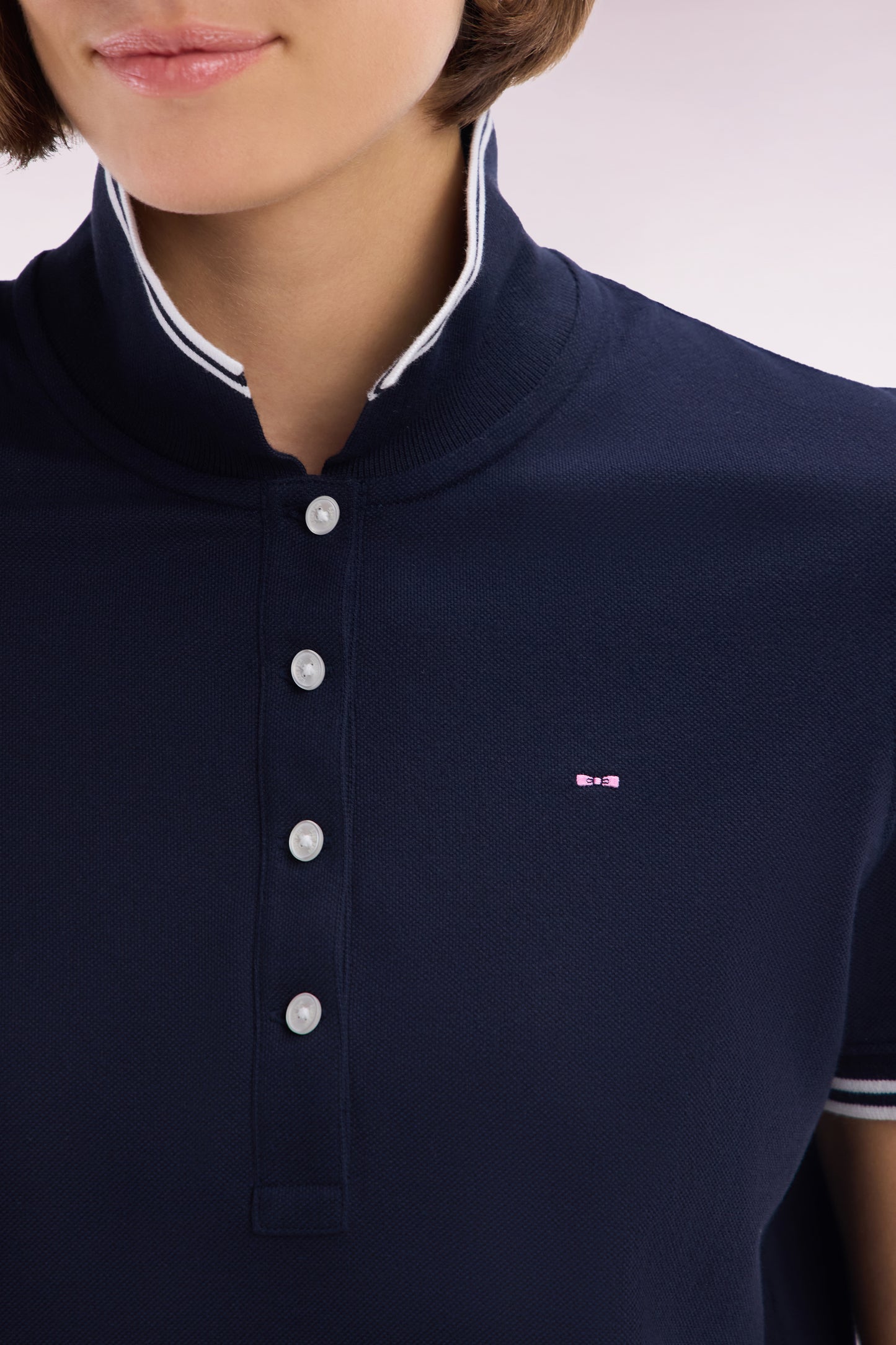 Short-sleeved polo shirt in navy Pima cotton piqué with striped accents