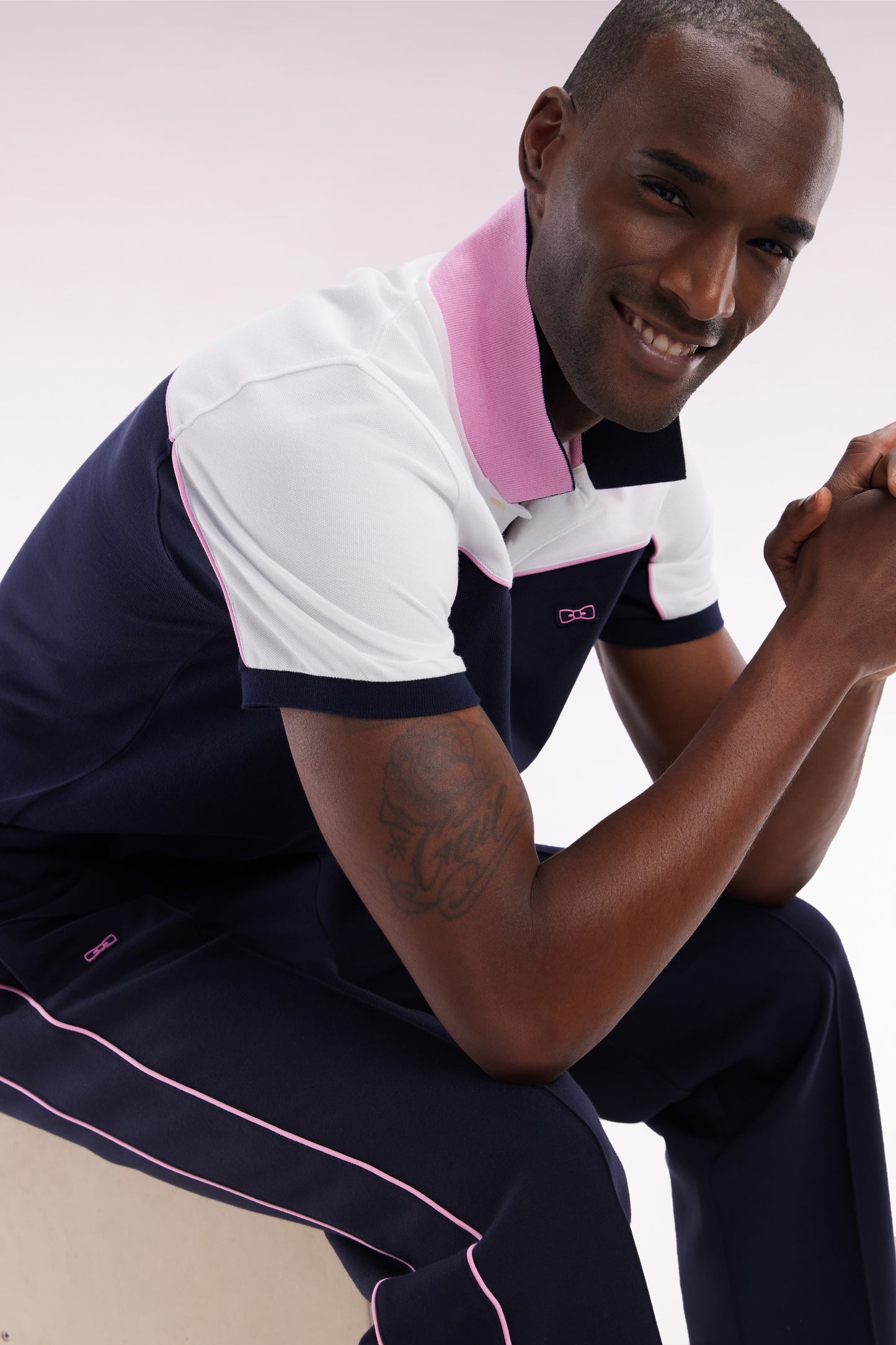 Straight-cut navy blue colorblock short-sleeved cotton piqué polo shirt