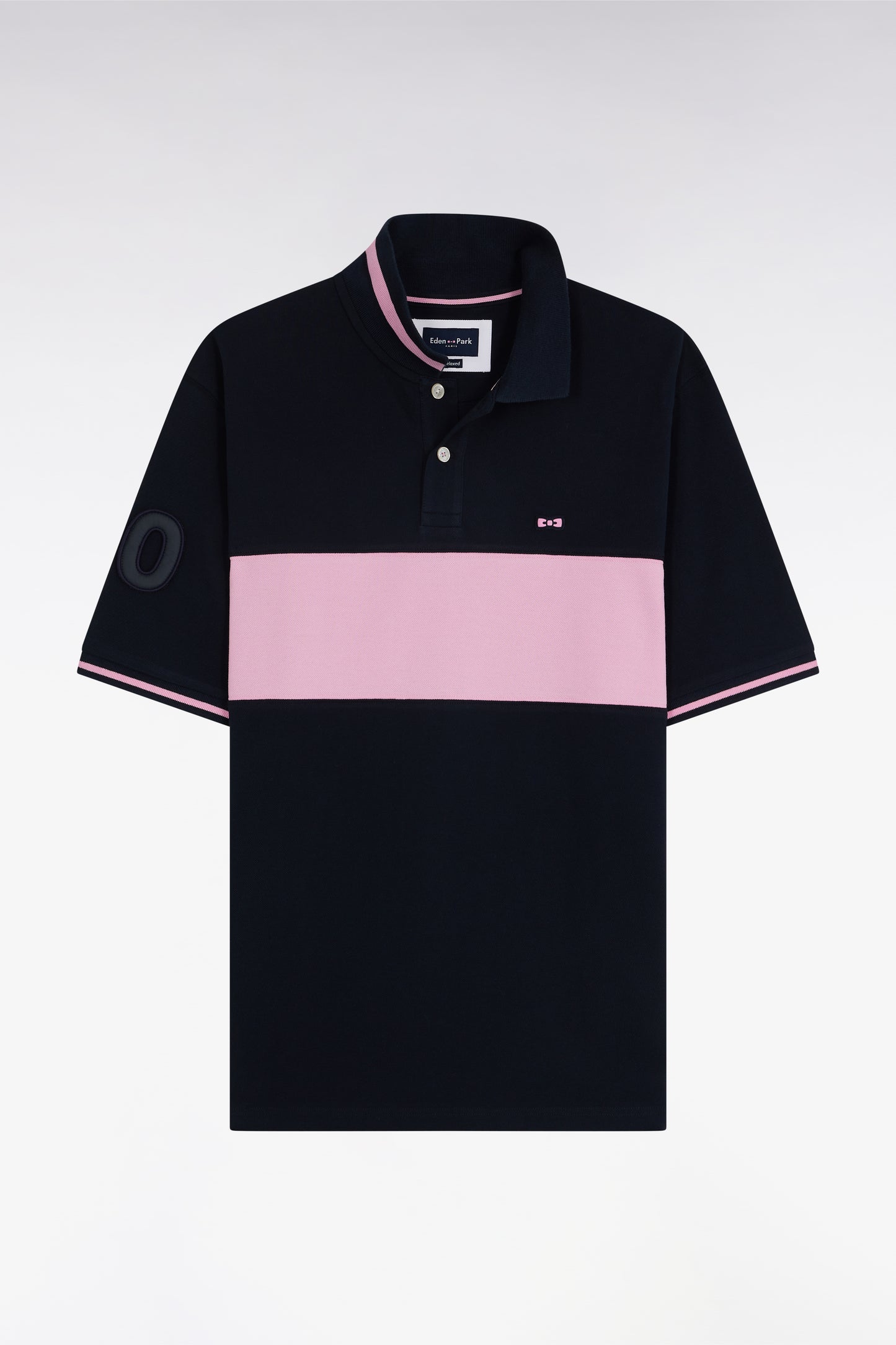 Relaxed-fit short-sleeved pink cotton piqué polo shirt with contrasting stripe