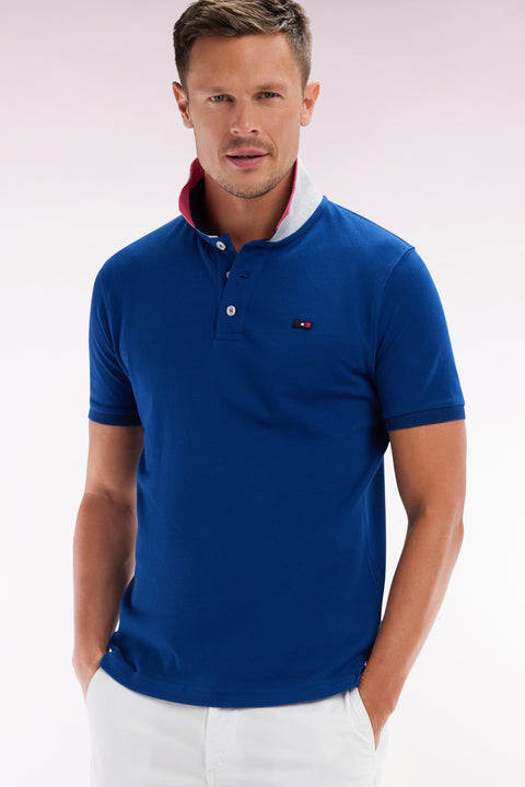 Polo à manches courtes en coton bleu col bicolore jacquard Eden Park coupe droite - Image 3