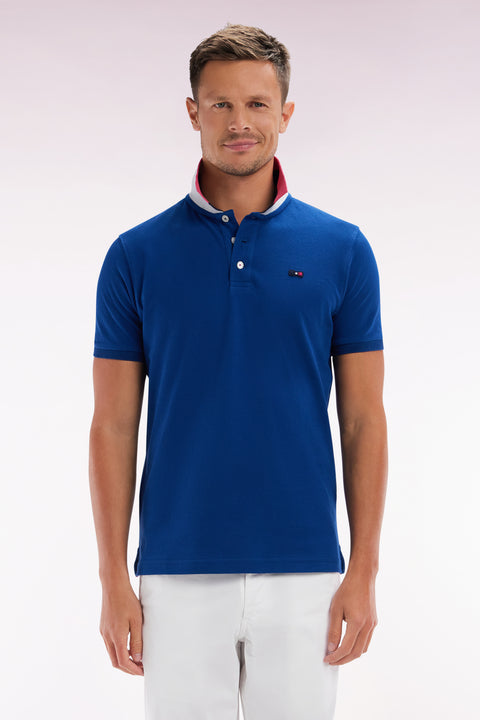 Polo à manches courtes en coton bleu col bicolore jacquard Eden Park coupe droite - Image 1