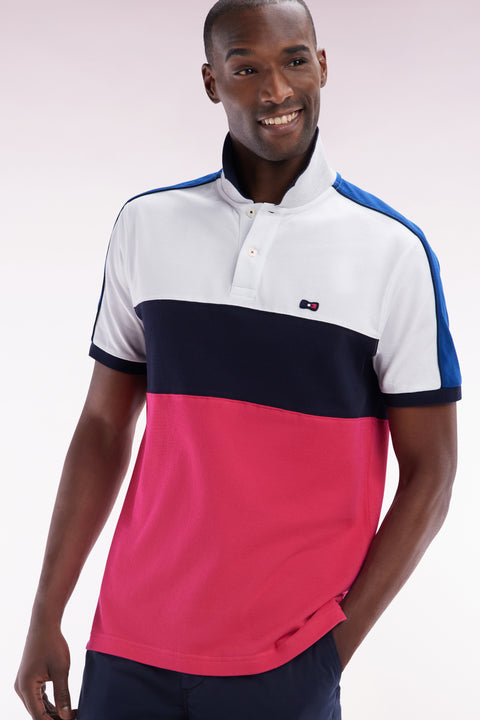 Polo à manches courtes en coton tricolore blanc marine et fuchsia coupe droite - Image 3