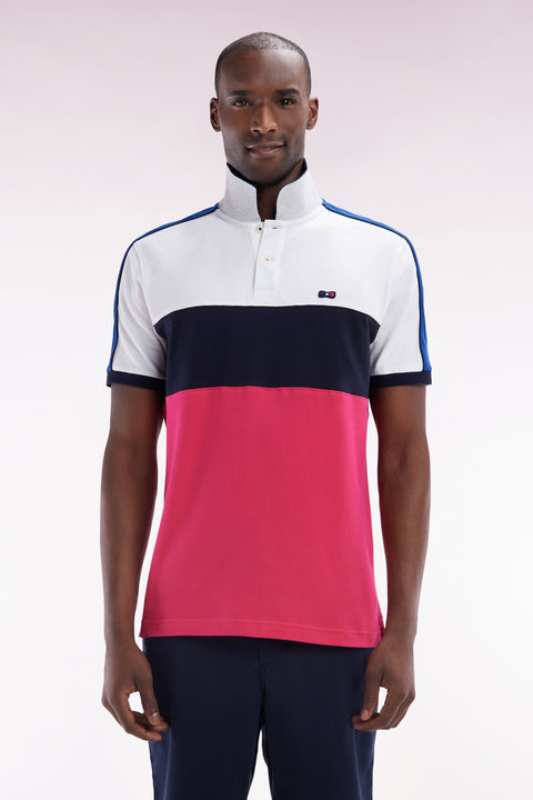 Polo à manches courtes en coton tricolore blanc marine et fuchsia coupe droite - Image 1