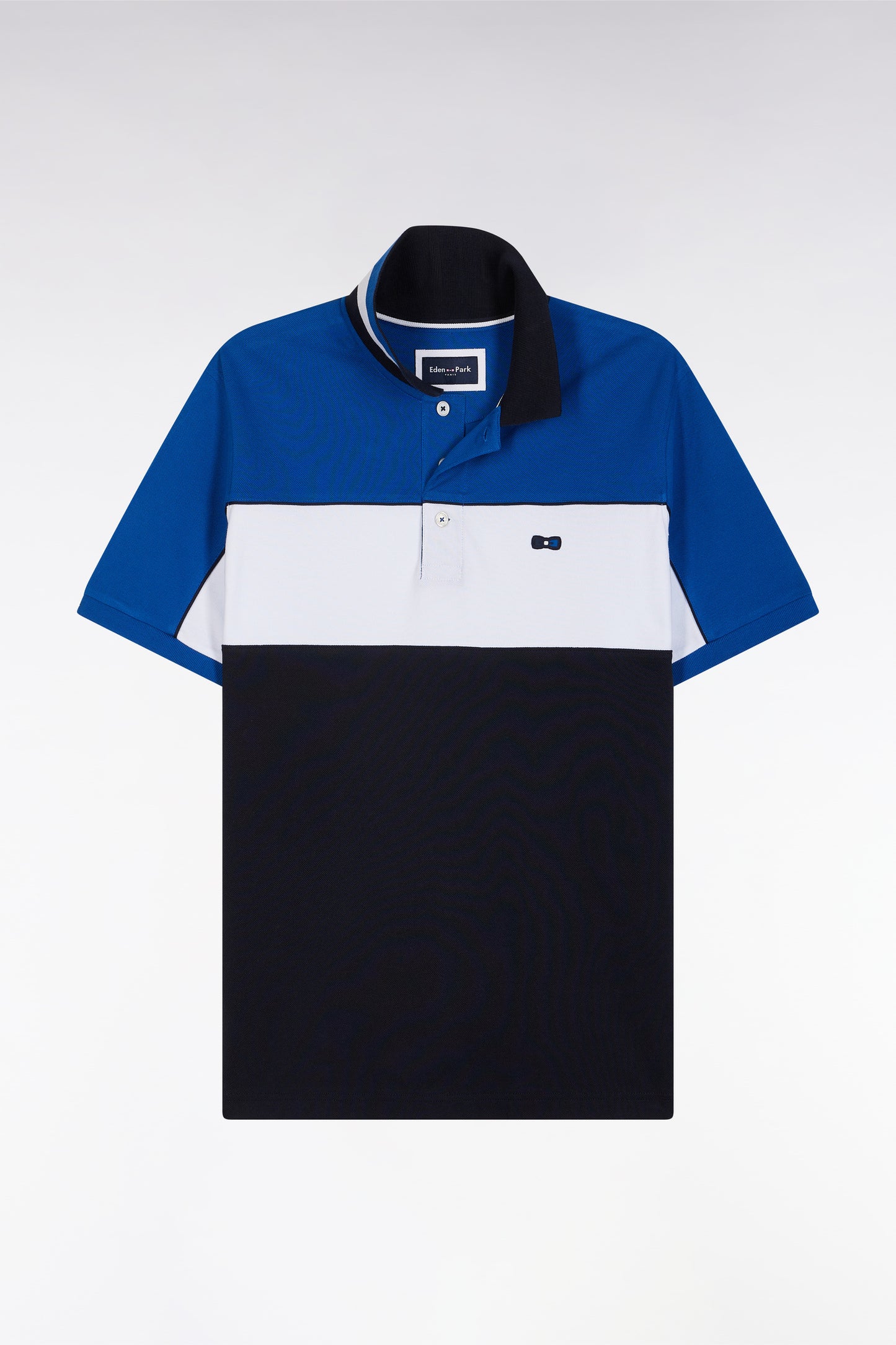Straight-fit short-sleeved polo shirt in blue tricolor cotton with striped collar
