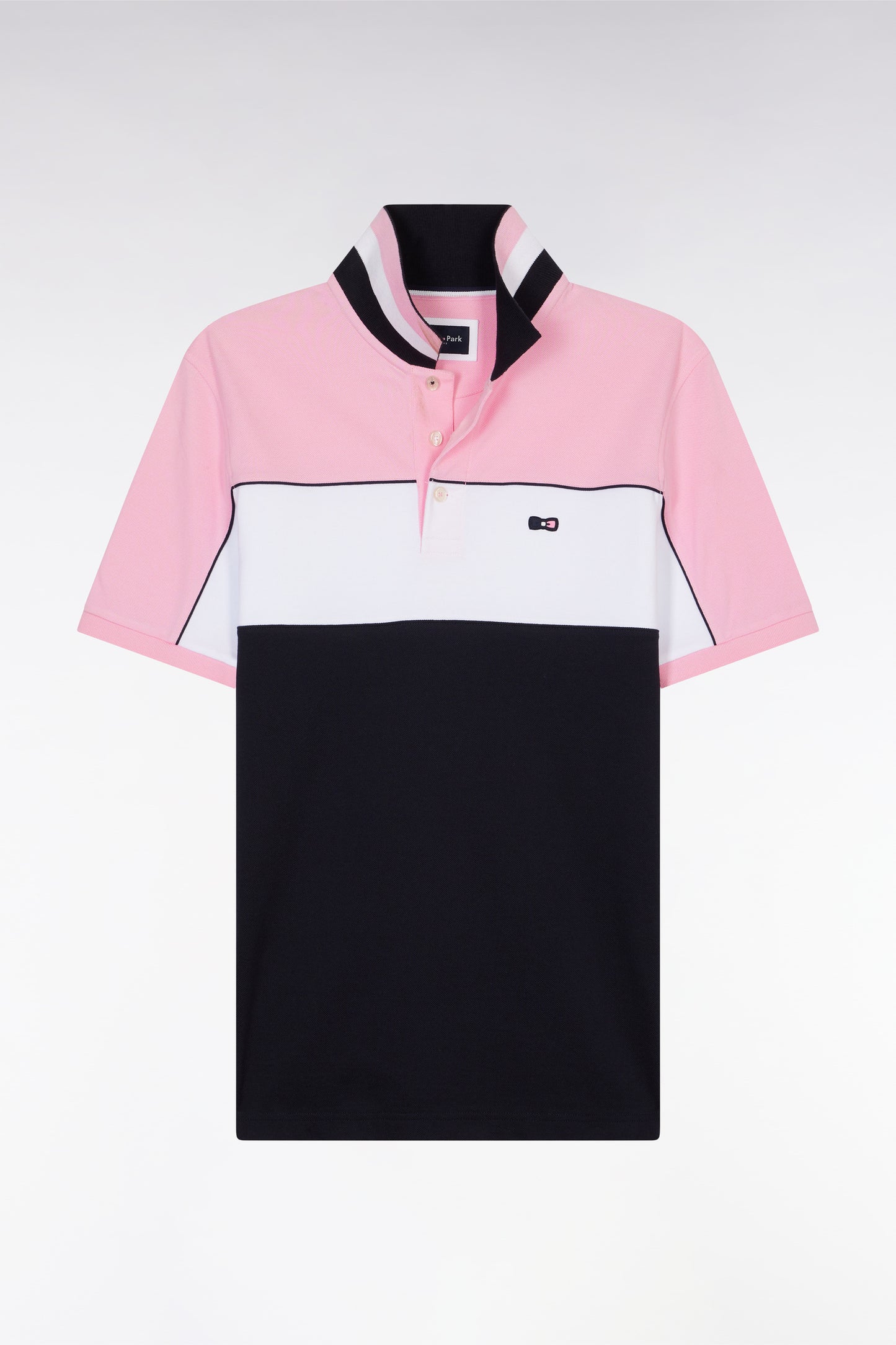 Straight-fit short-sleeved polo shirt in pink tricolor cotton with striped collar