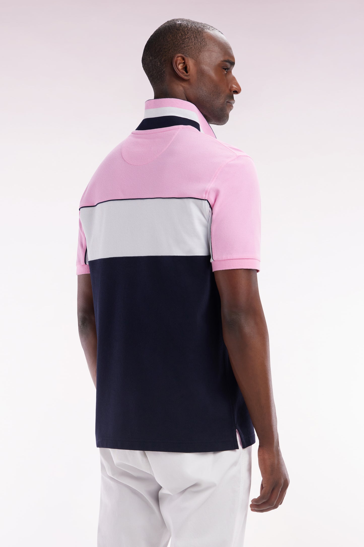 Straight-fit short-sleeved polo shirt in pink tricolor cotton with striped collar