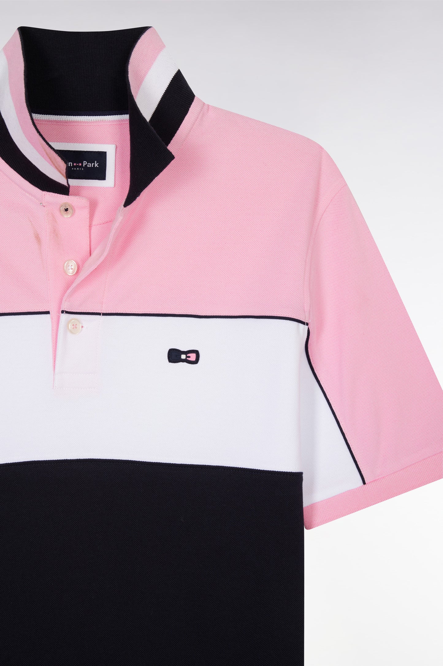 Straight-fit short-sleeved polo shirt in pink tricolor cotton with striped collar