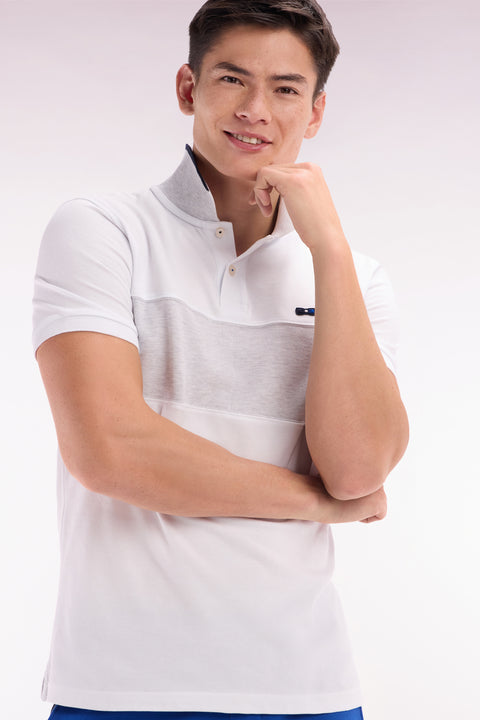 Straight-fit short-sleeved colorblock polo shirt in white cotton with grey and navy details - Image 3