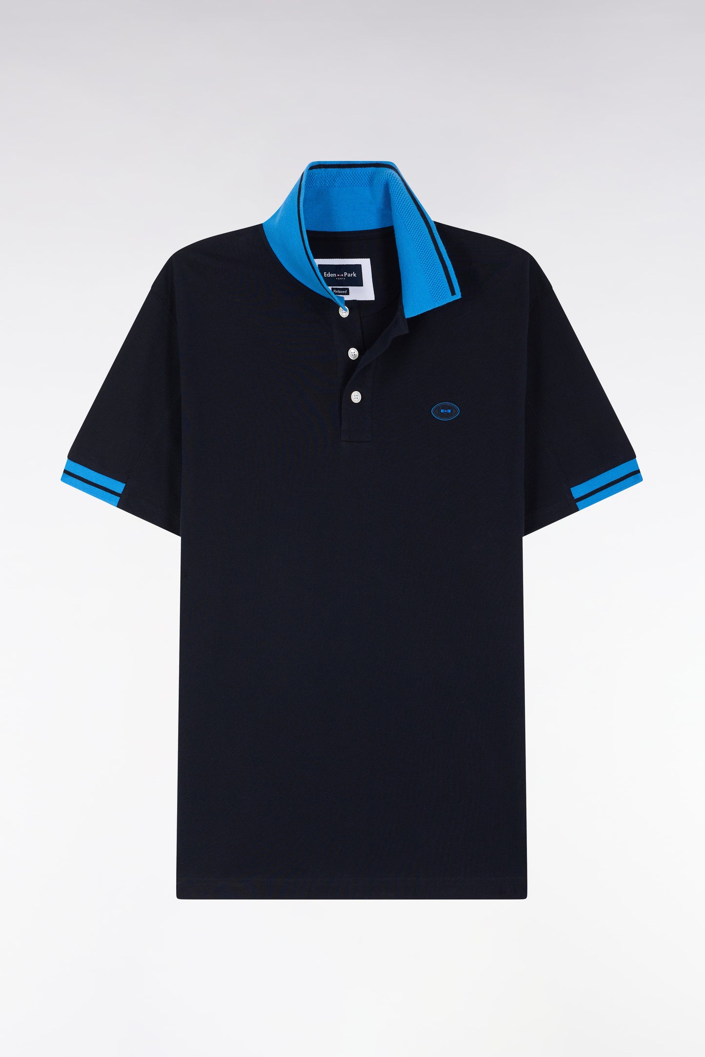 Relaxed-fit short-sleeved polo shirt in navy cotton with colorful accents