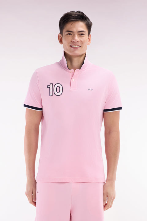 Polo à manches courtes en coton rose broderie 10 coupe décontractée - Image 1
