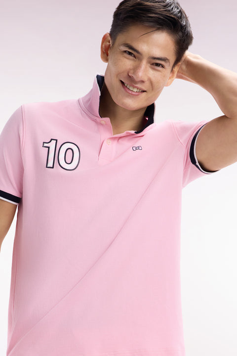 Polo à manches courtes en coton rose broderie 10 coupe décontractée - Image 3