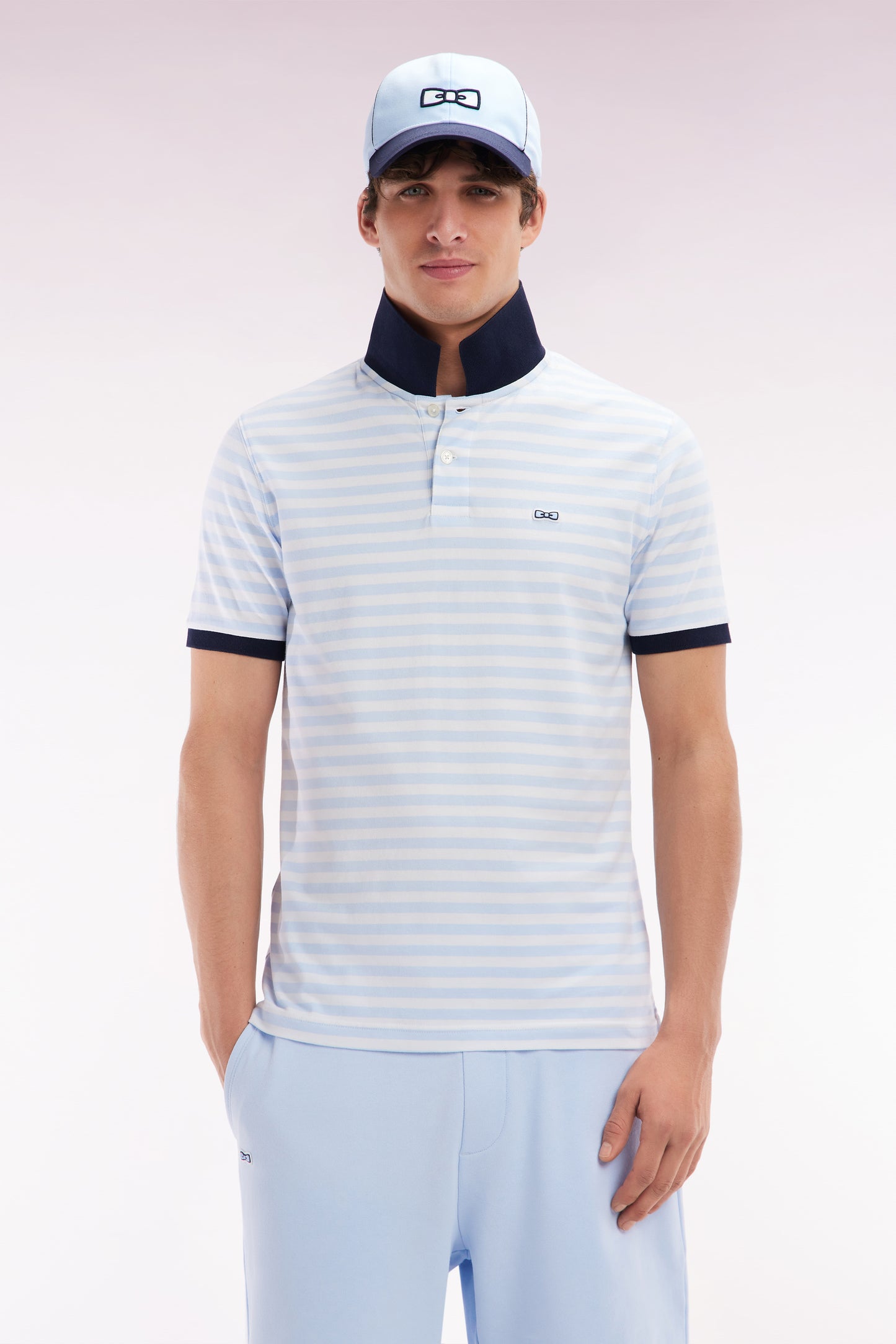 Slim-fit short-sleeved sailor polo shirt in sky blue striped stretch cotton