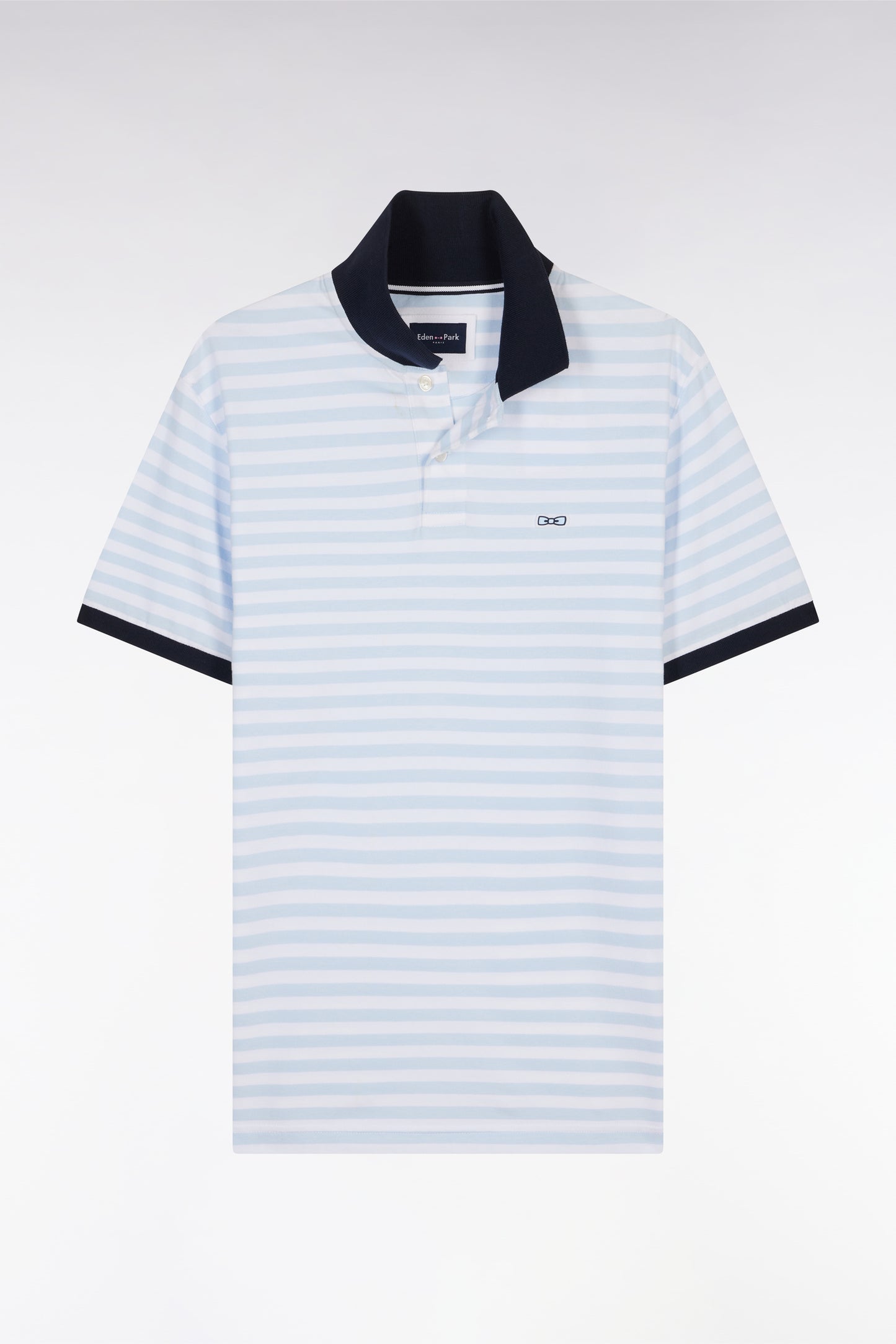 Slim-fit short-sleeved sailor polo shirt in sky blue striped stretch cotton