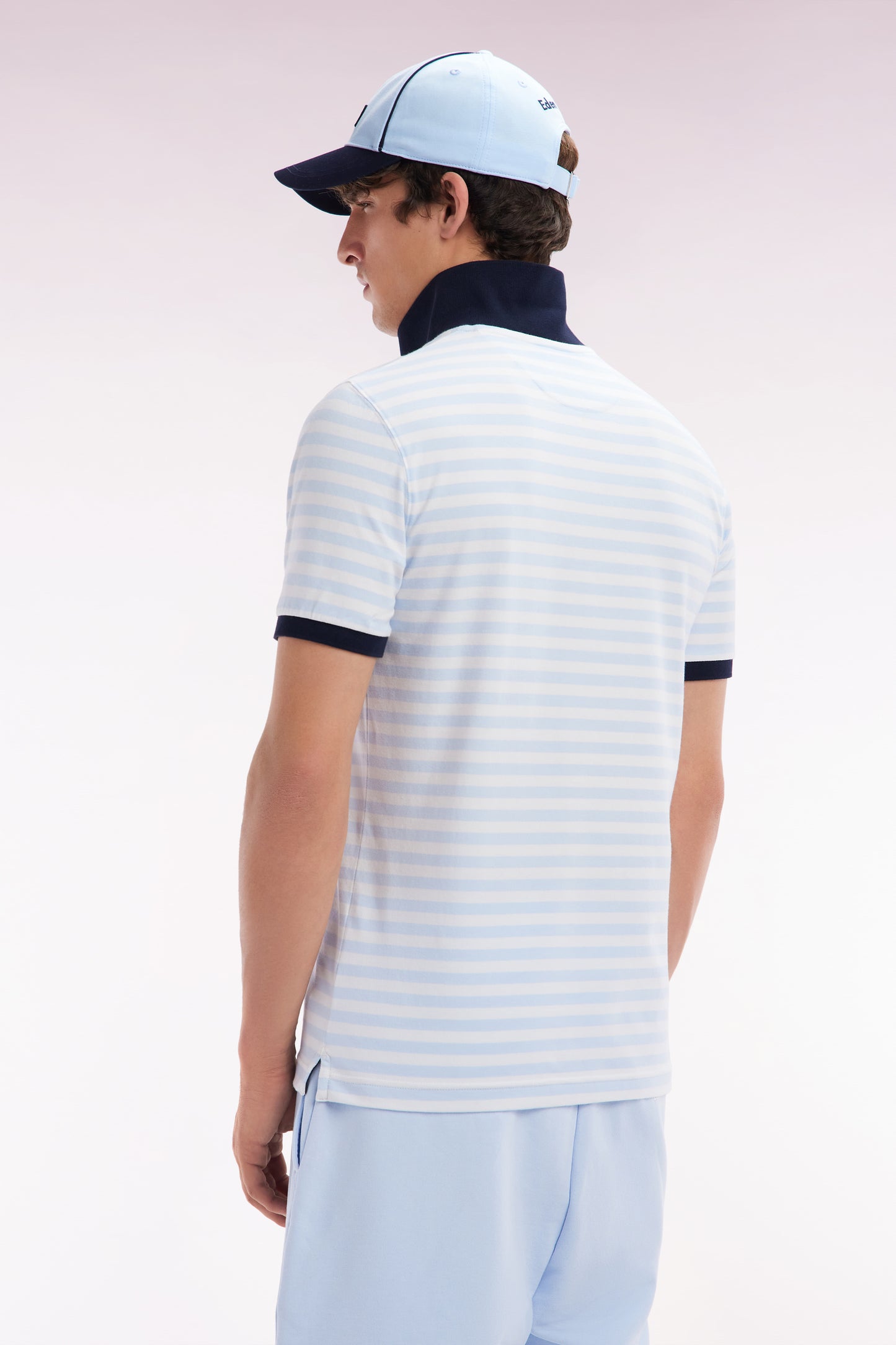Slim-fit short-sleeved sailor polo shirt in sky blue striped stretch cotton