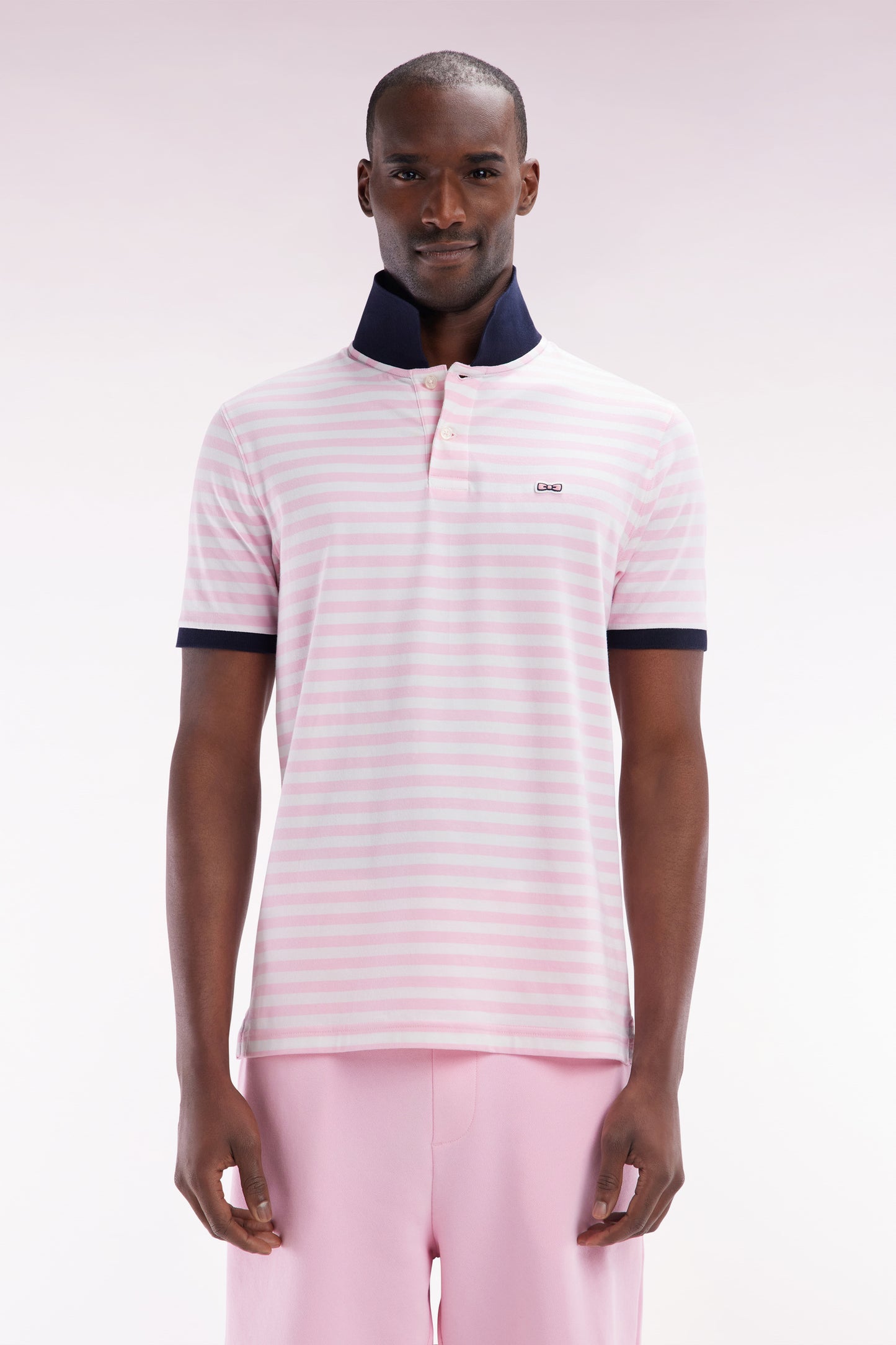 Slim-fit short-sleeved sailor polo shirt in pink striped stretch cotton