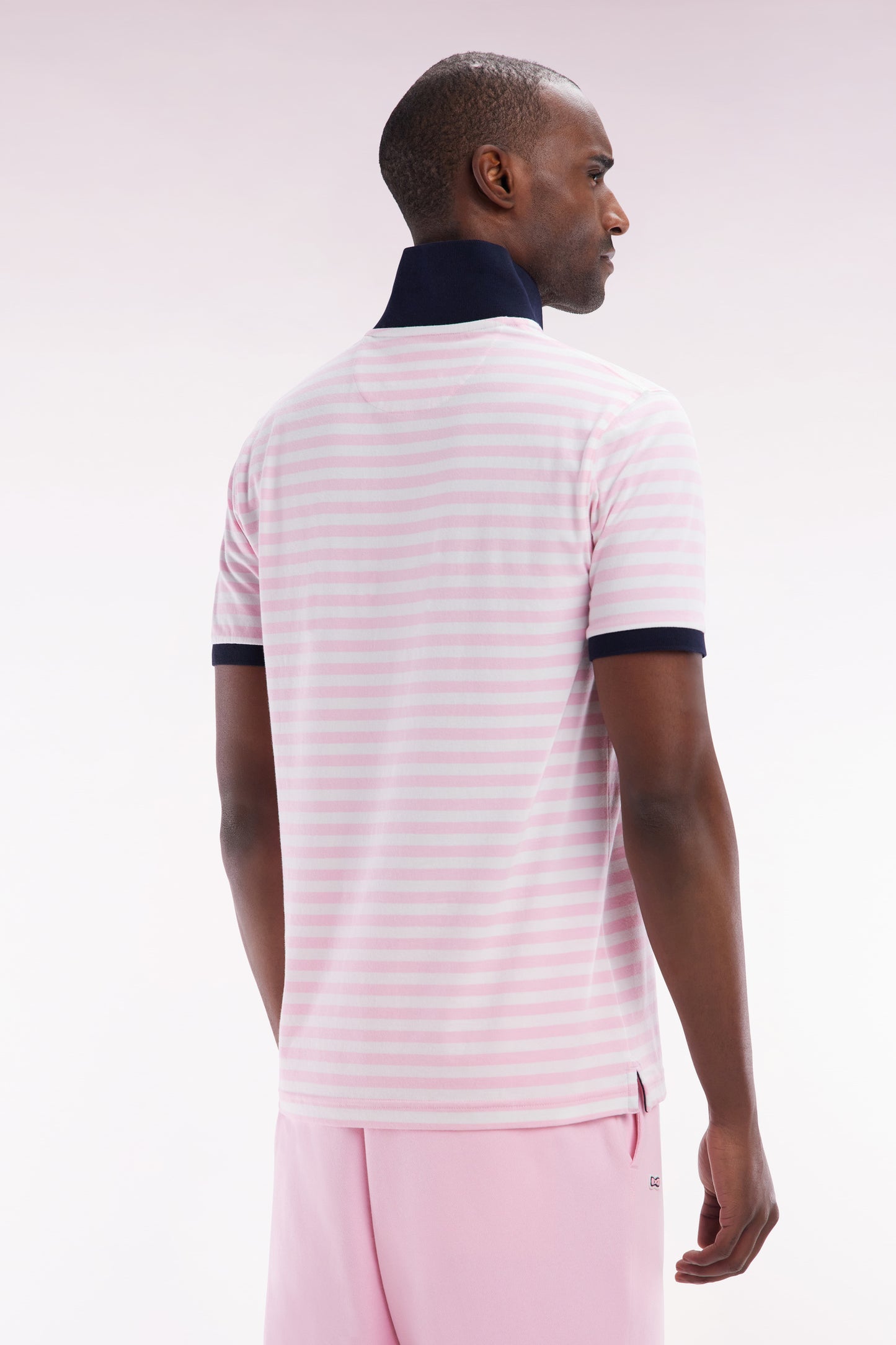 Slim-fit short-sleeved sailor polo shirt in pink striped stretch cotton