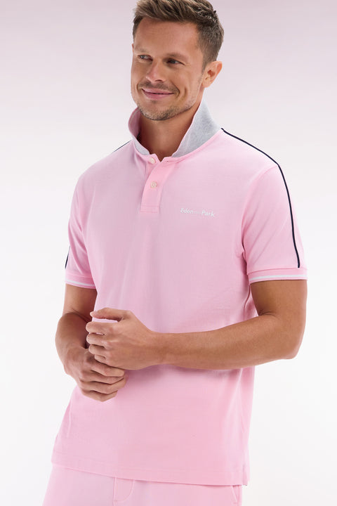 Polo à manches courtes uni en coton rose inscription Eden Park coupe décontractée - Image 3