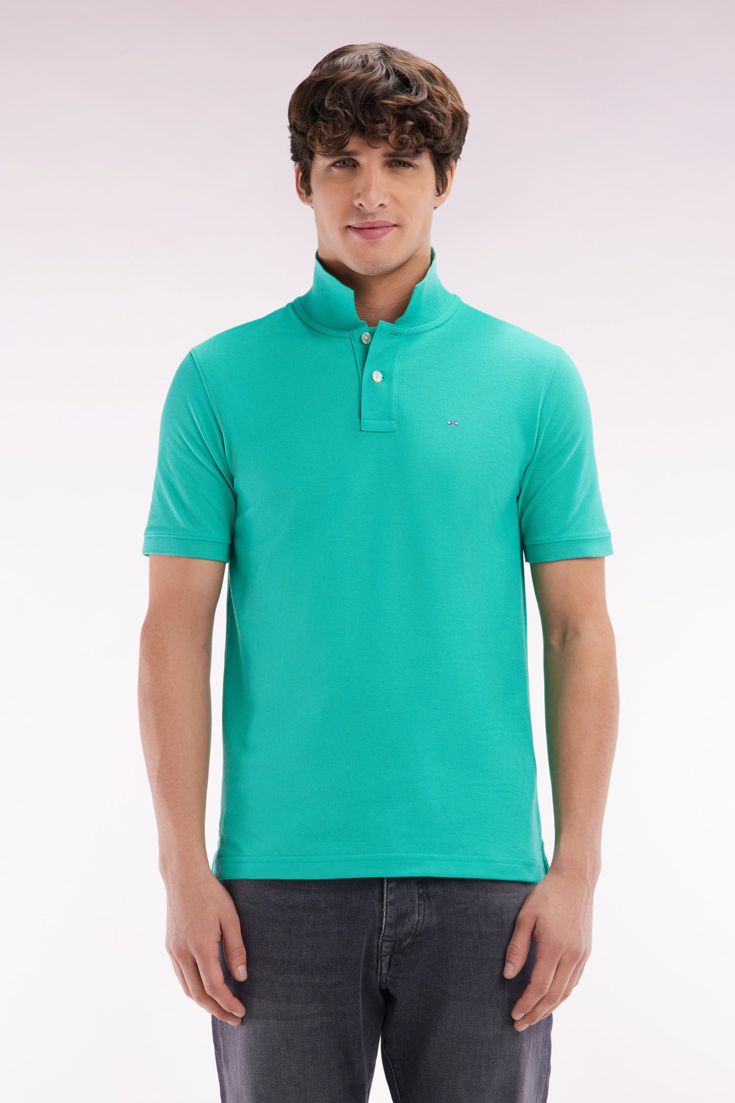 Straight-fit short-sleeved polo shirt in green Pima cotton