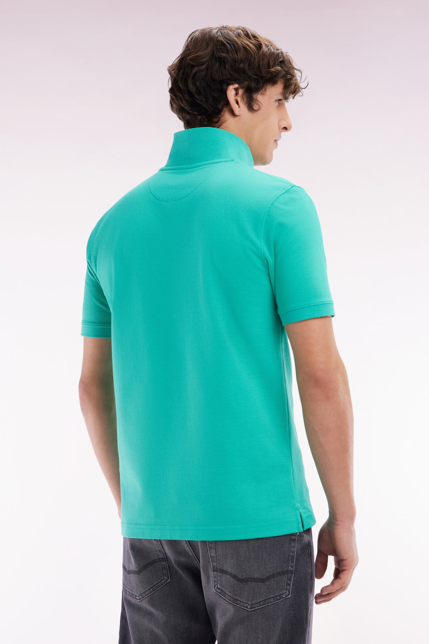 Straight-fit short-sleeved polo shirt in green Pima cotton