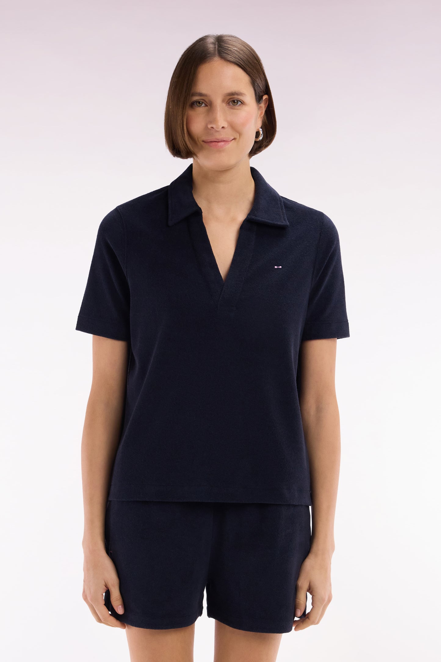 Short-sleeved polo shirt in navy cotton blend