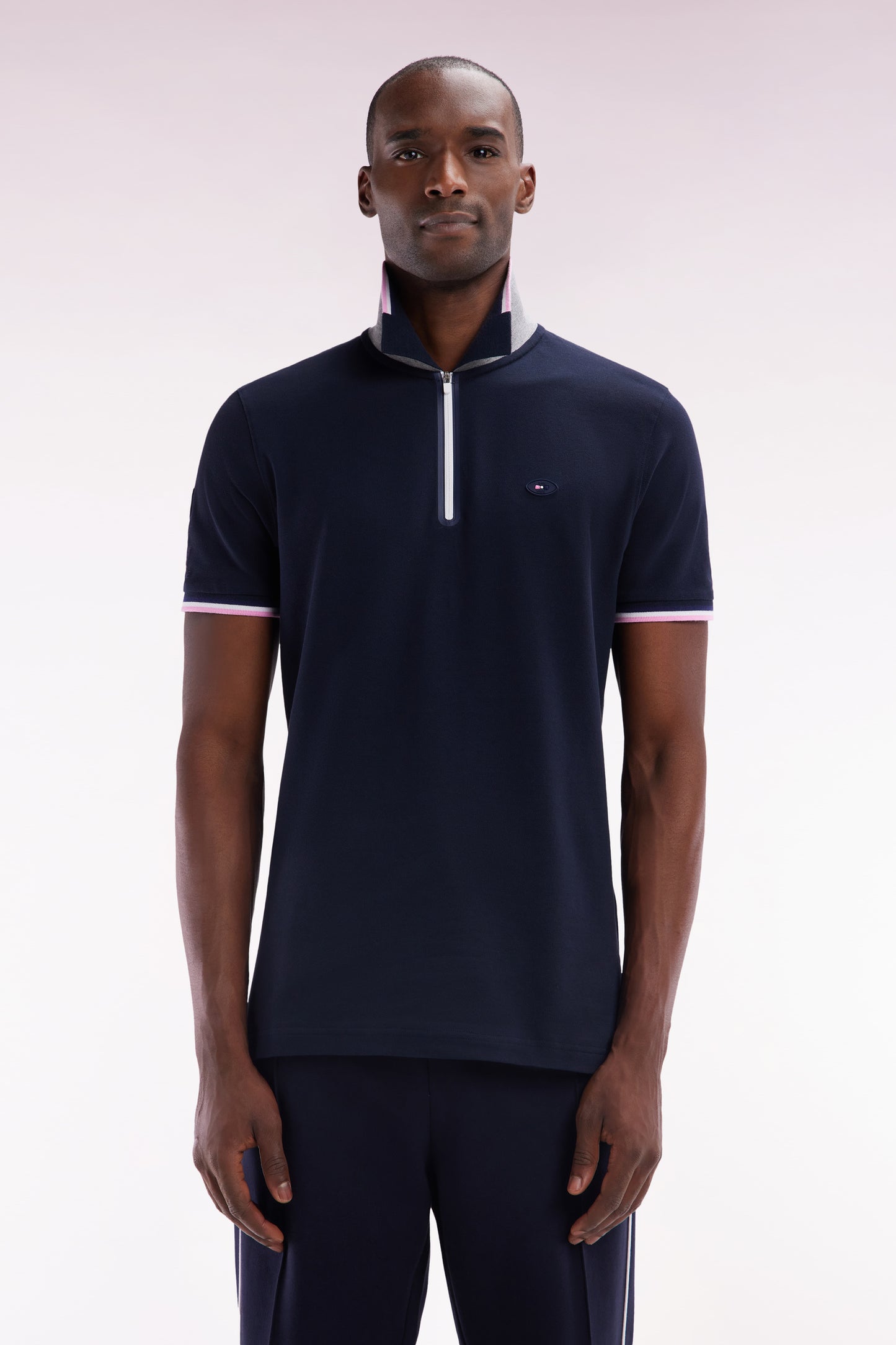 Slim-fit short-sleeved polo shirt in navy stretch cotton with zipped collar