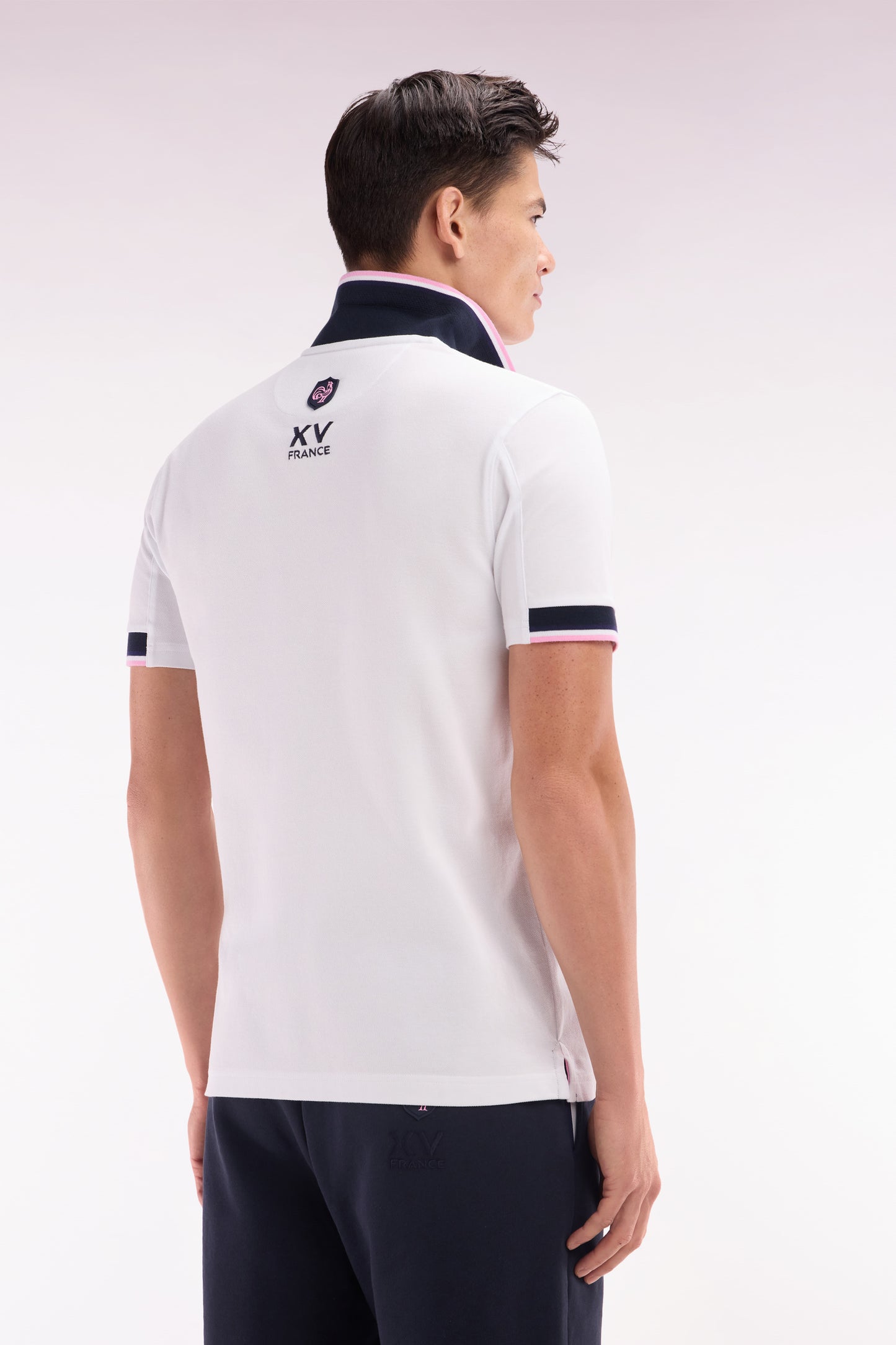 Straight-cut short-sleeved polo shirt in white cotton with two-tone ribbed edges
