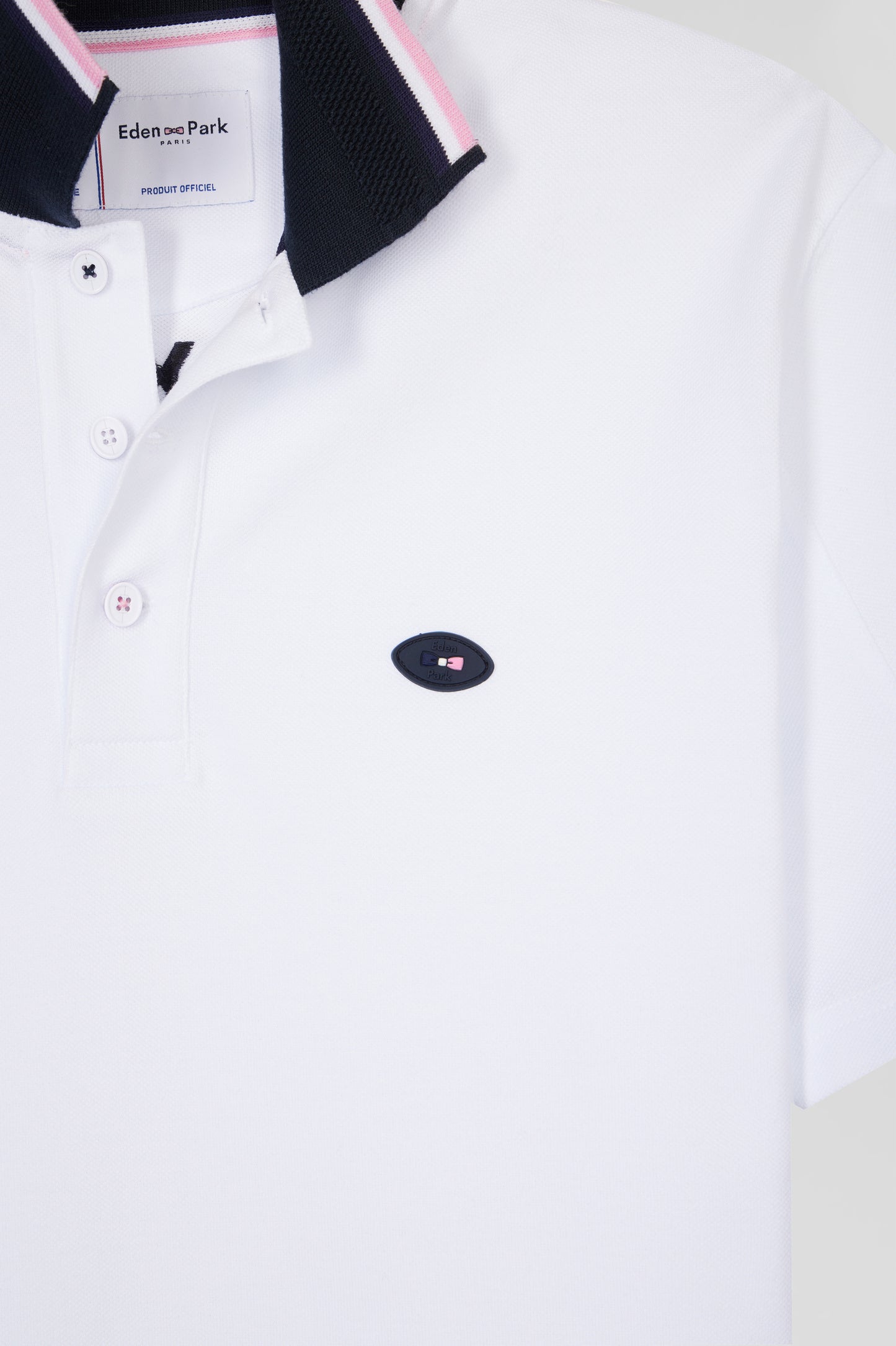 Straight-cut short-sleeved polo shirt in white cotton with two-tone ribbed edges