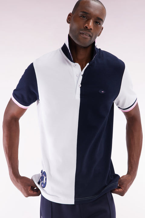 Straight-fit short-sleeved polo shirt in two-tone white and navy cotton - Image 3