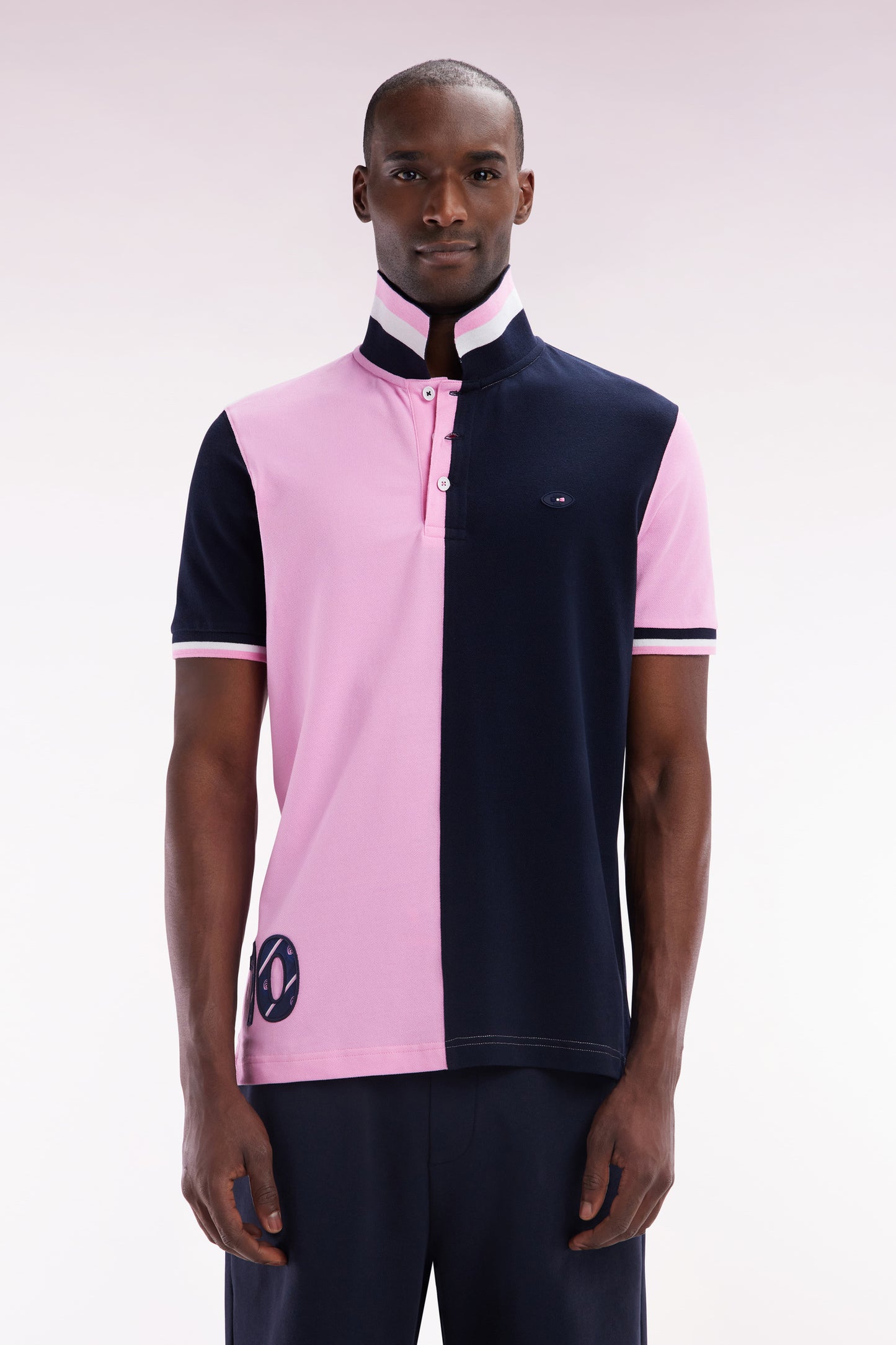 Straight-fit short-sleeved polo shirt in two-tone pink and navy cotton