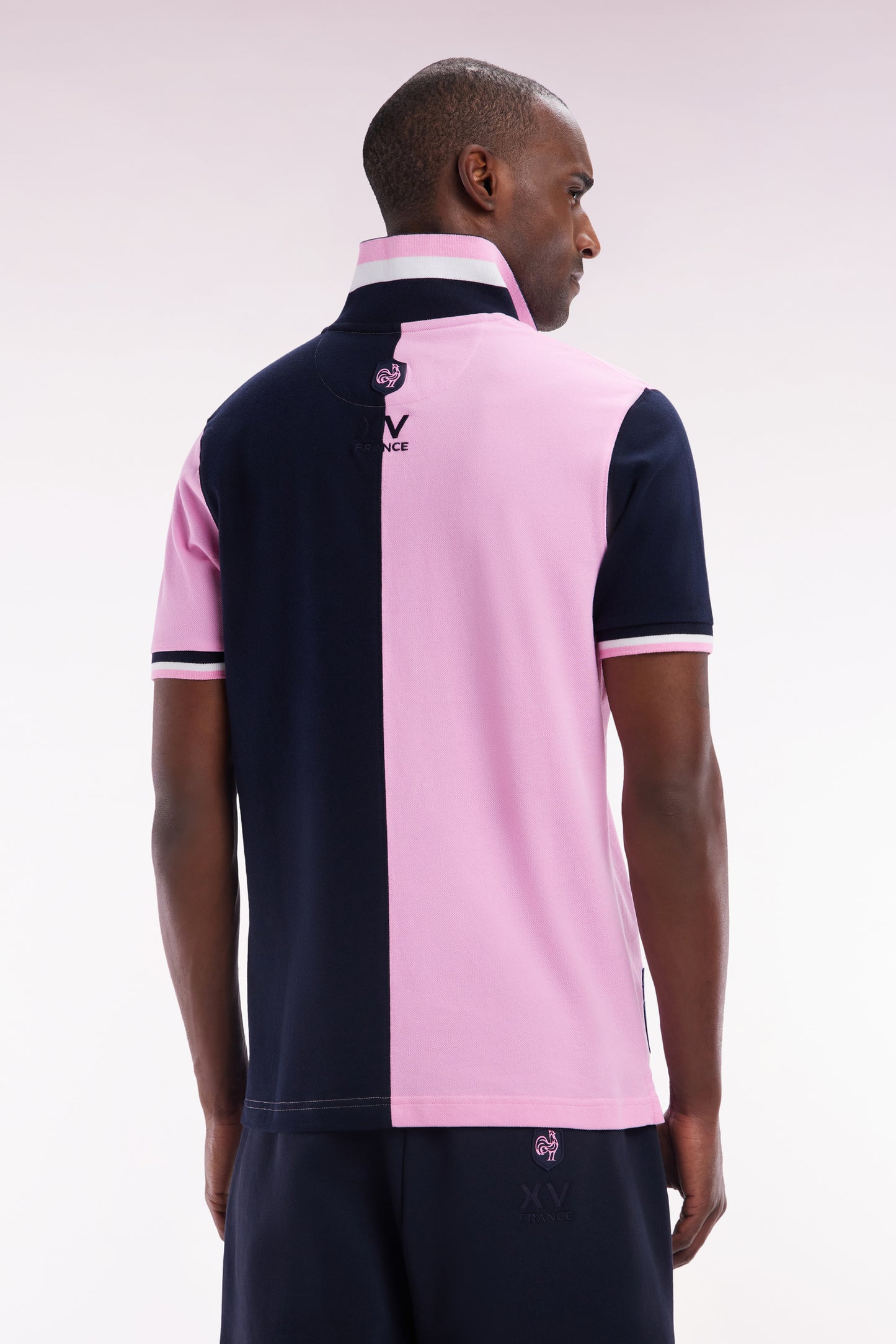 Straight-fit short-sleeved polo shirt in two-tone pink and navy cotton