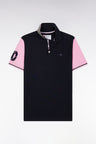 Straight-fit short-sleeved polo shirt in navy cotton piqué with 10 embroidery