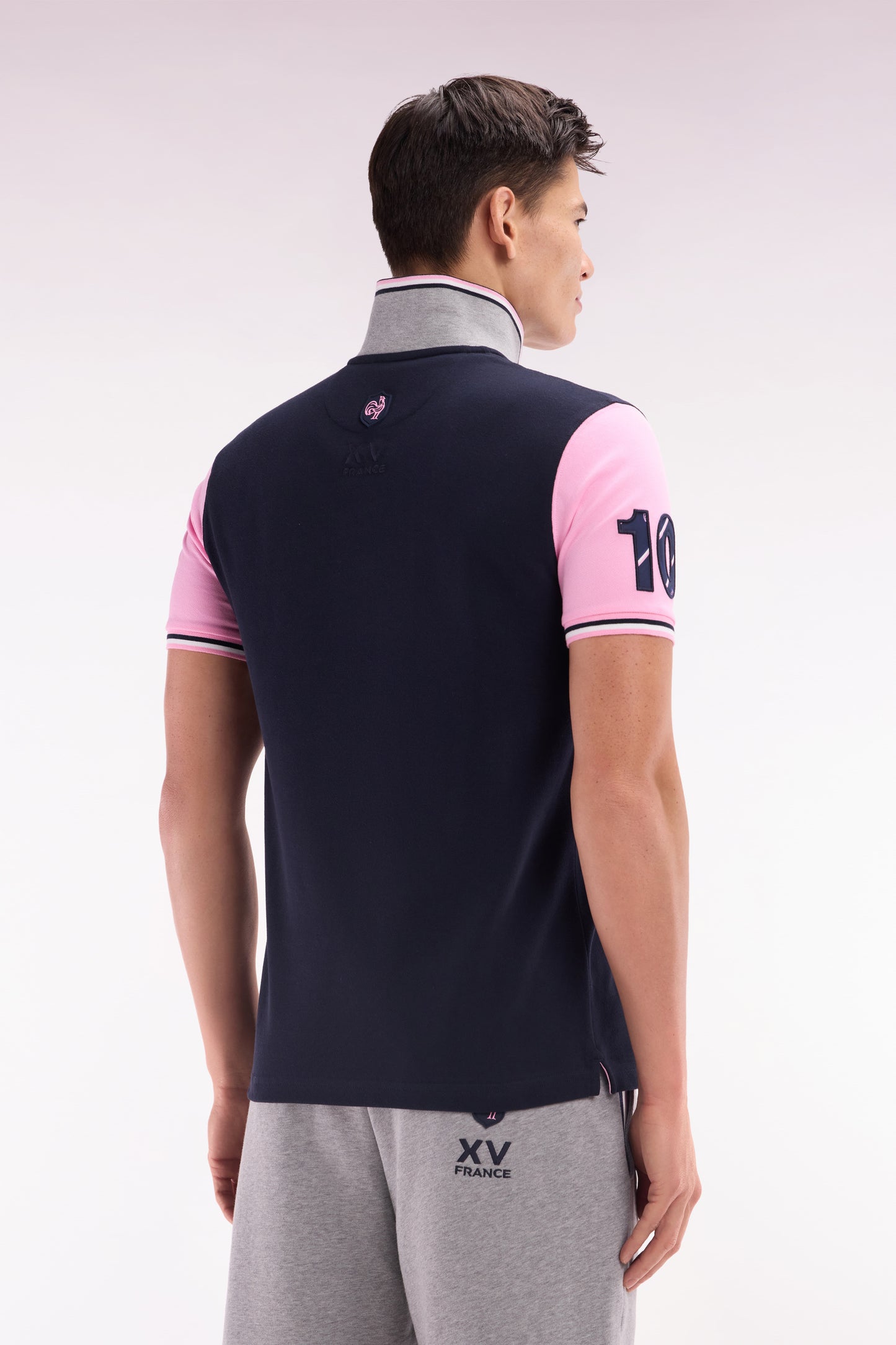 Straight-fit short-sleeved polo shirt in navy cotton piqué with 10 embroidery