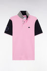 Straight-fit short-sleeved polo shirt in navy cotton piqué with 10 embroidery
